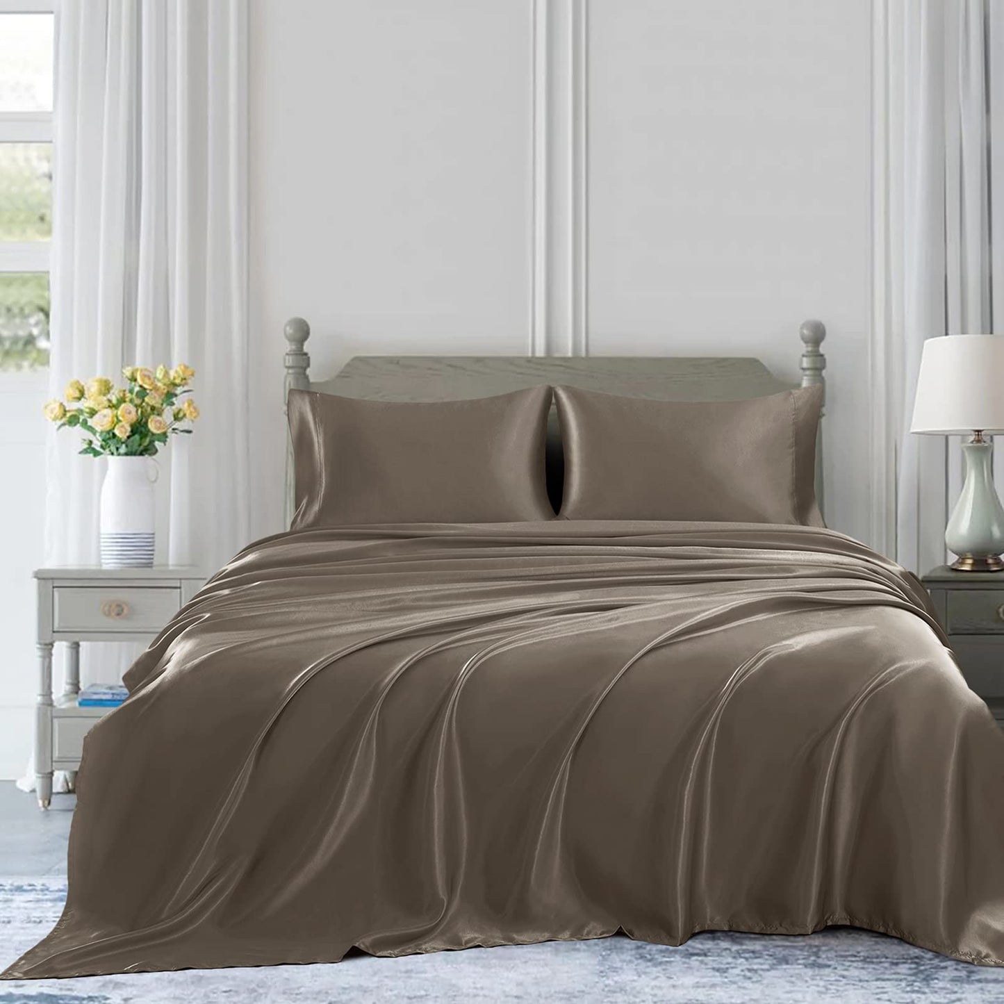 4pcs Satin Sheets Set Luxury Silky Satin Bedding Set with Deep Pocket