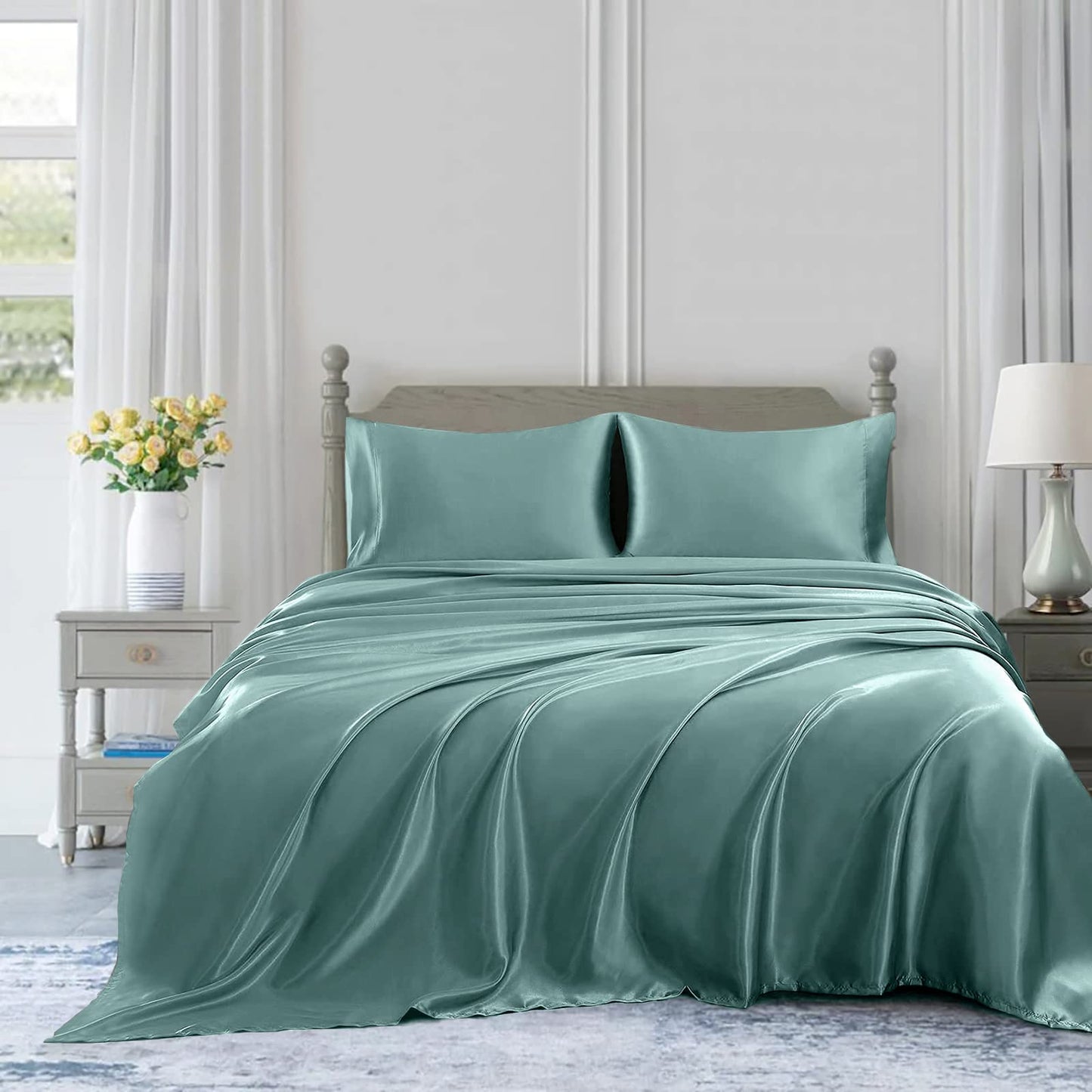 4pcs Satin Sheets Set Luxury Silky Satin Bedding Set with Deep Pocket