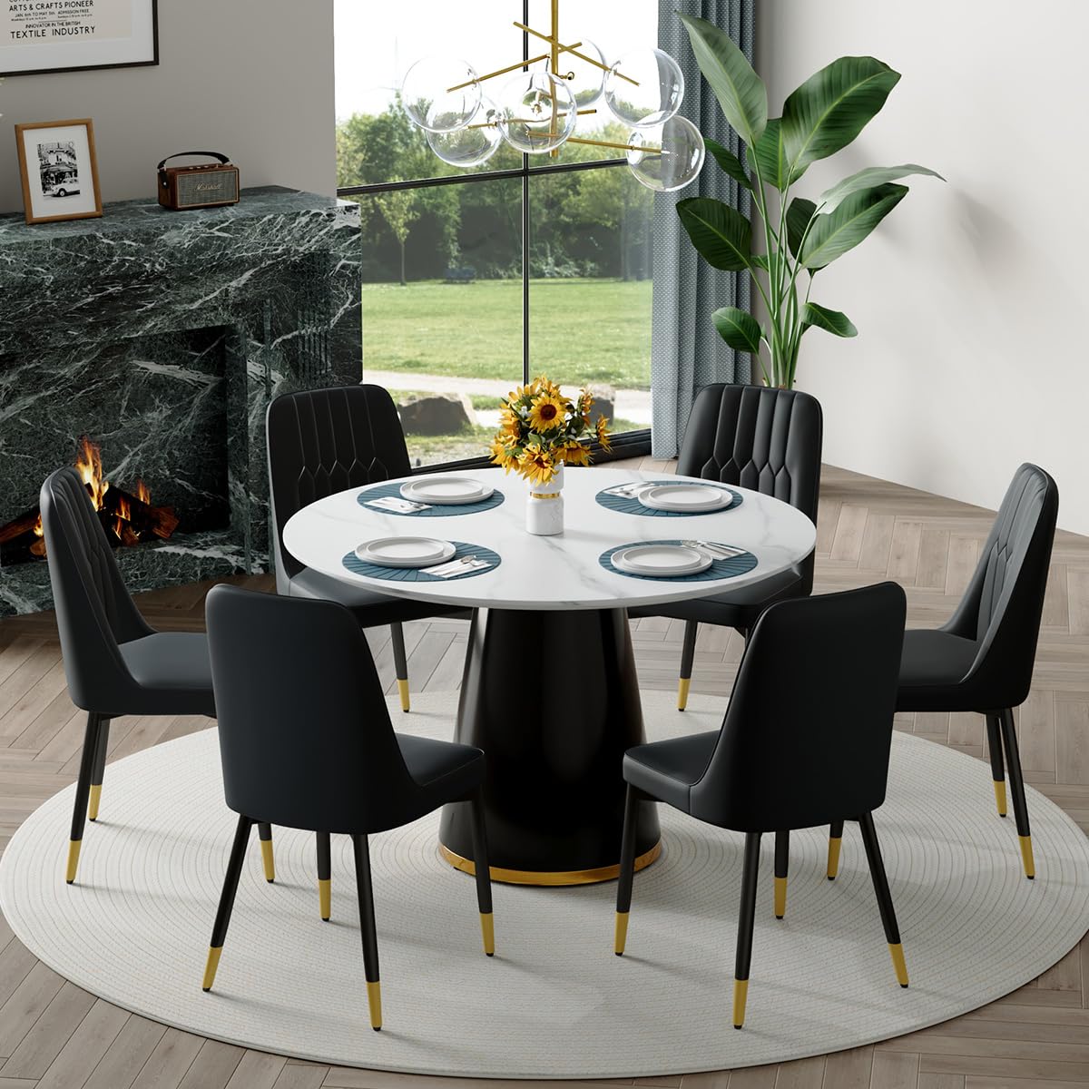 Round Dining Table Set for 6, 45''Round Wooden Dining Set