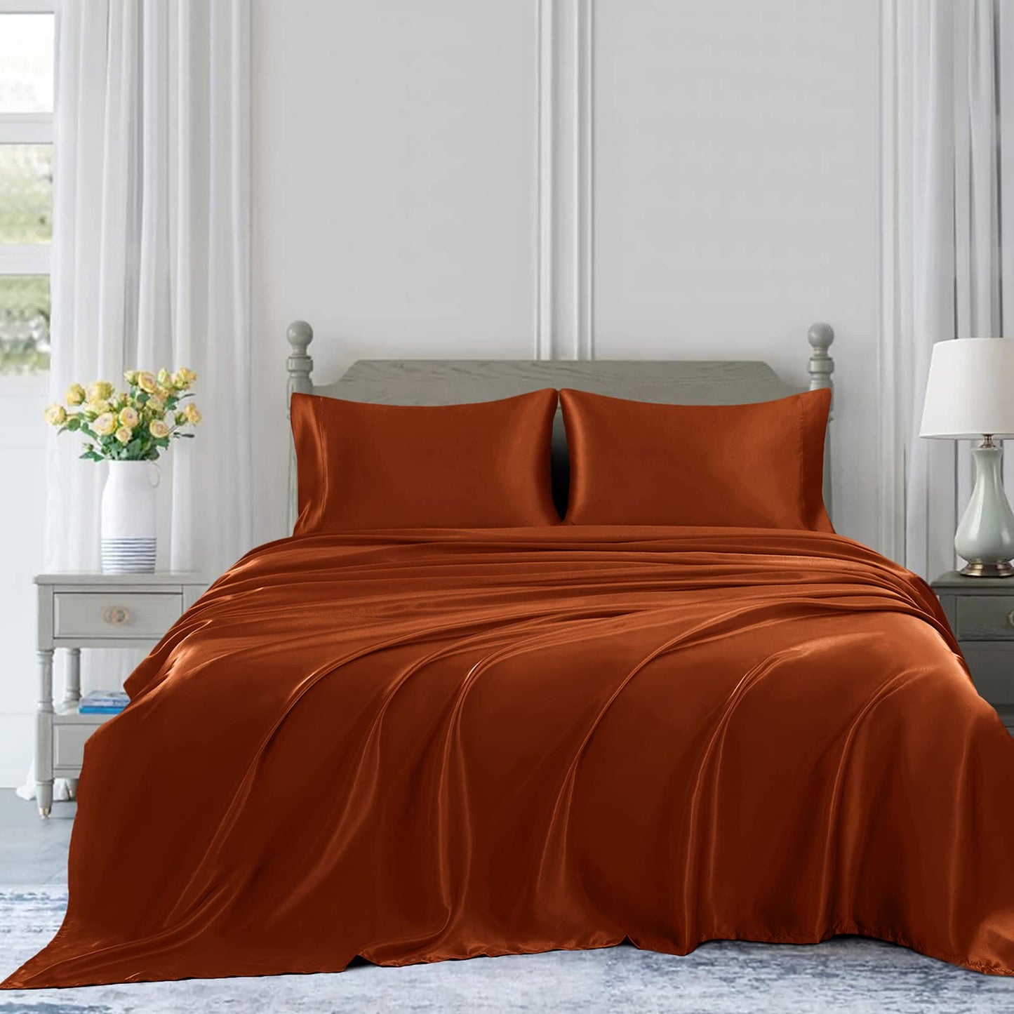 4pcs Satin Sheets Set Luxury Silky Satin Bedding Set with Deep Pocket