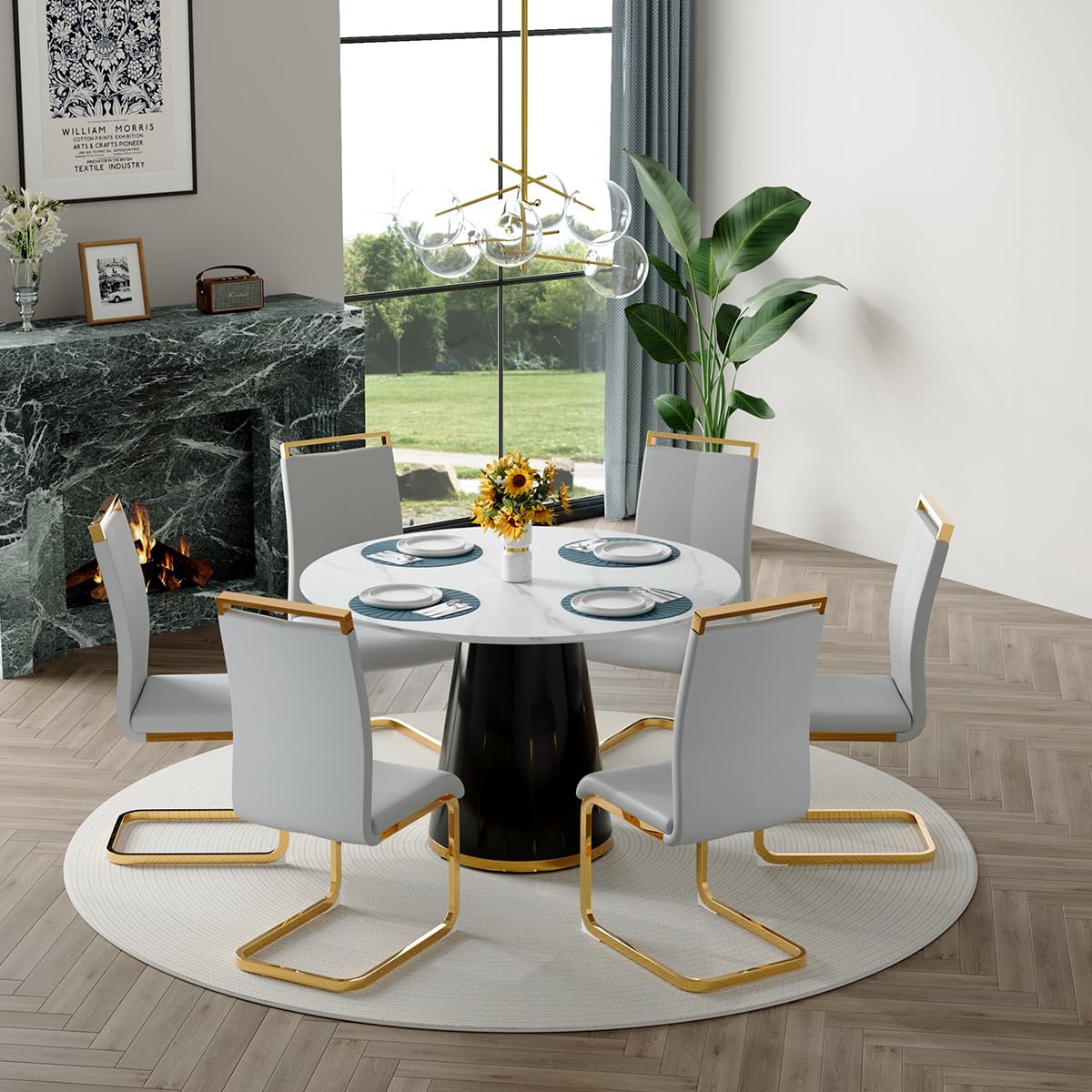 Round Dining Table Set for 6, 45''Round Wooden Dining Set