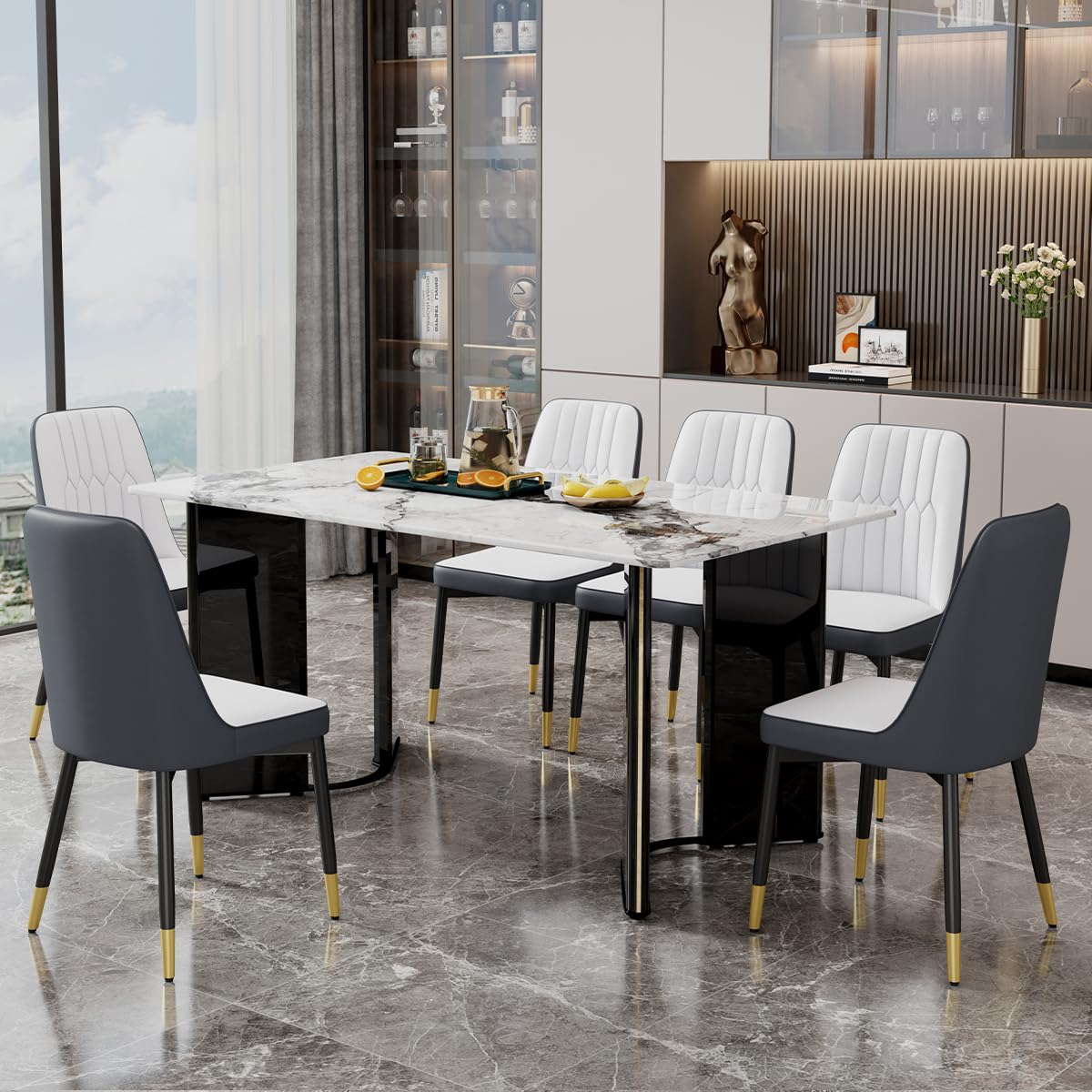 Dining Table Set for 6, White Faux Marble Pattern Table with 6 Modern Dining Chairs