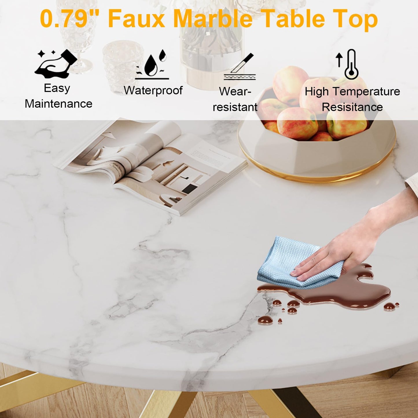 70 Inch White Marble Kitchen Table with Gold Mirrored Cabriole Legs