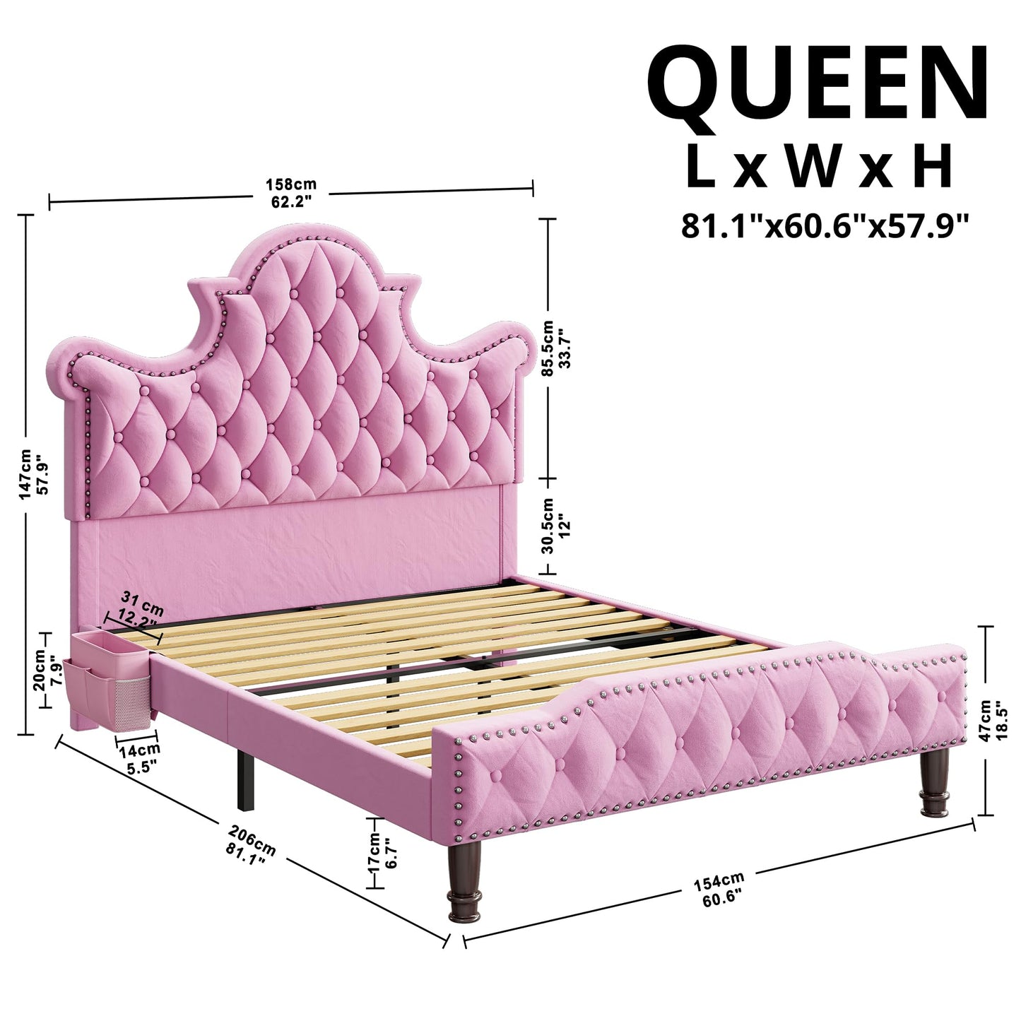 LED Bed Frame, Camas Queen with 58" Tall Tufted Headboard