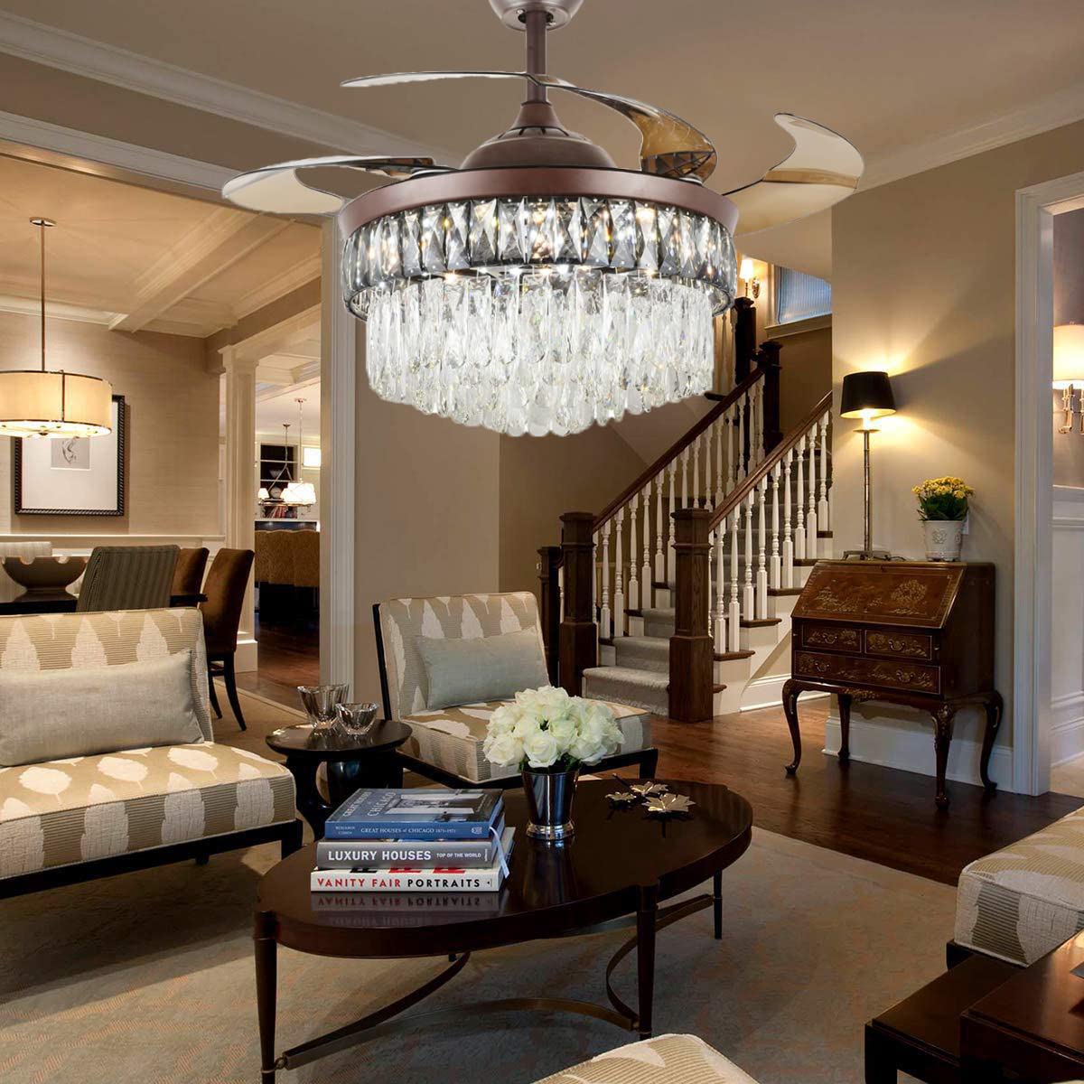 42" Crystal Chandelier Ceiling Fan and Remote, Gold Luxury Fan