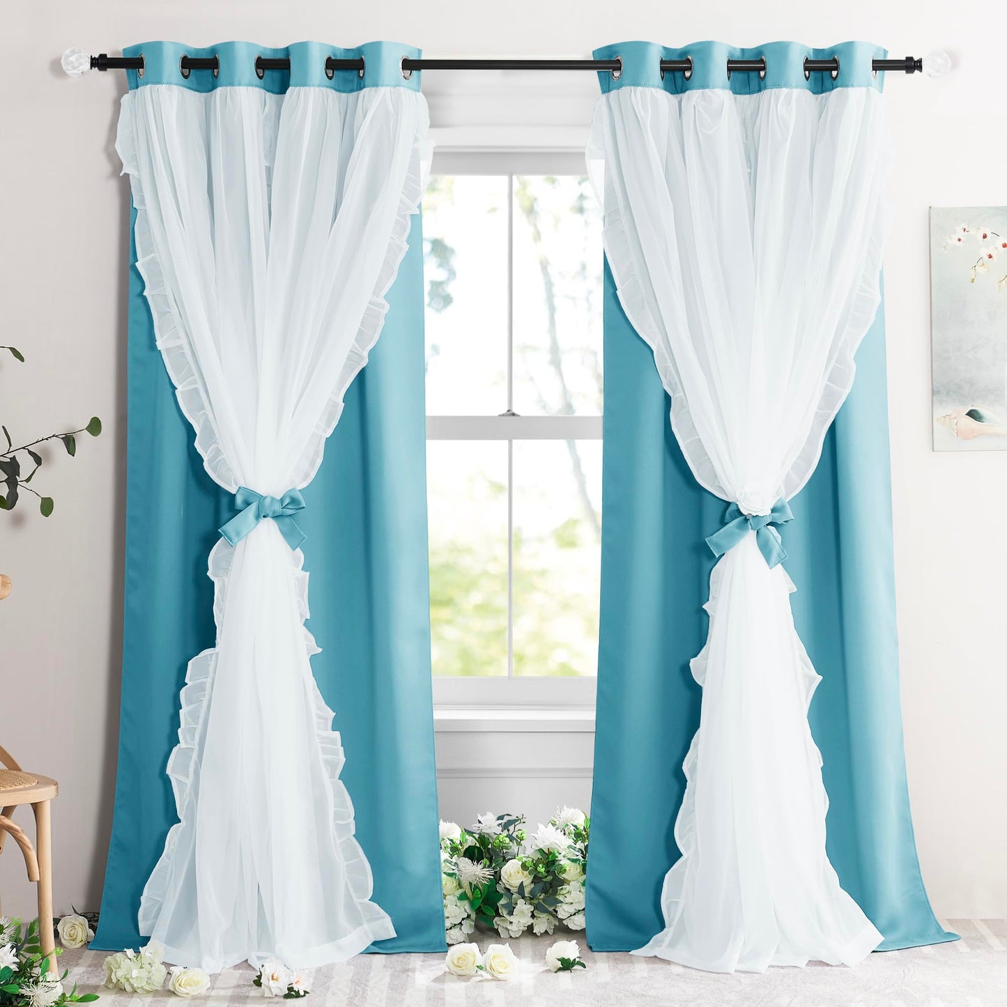 Blackout Window Treatment Double Layer Drapes Ruffle Sheer Overlay 2 Panels