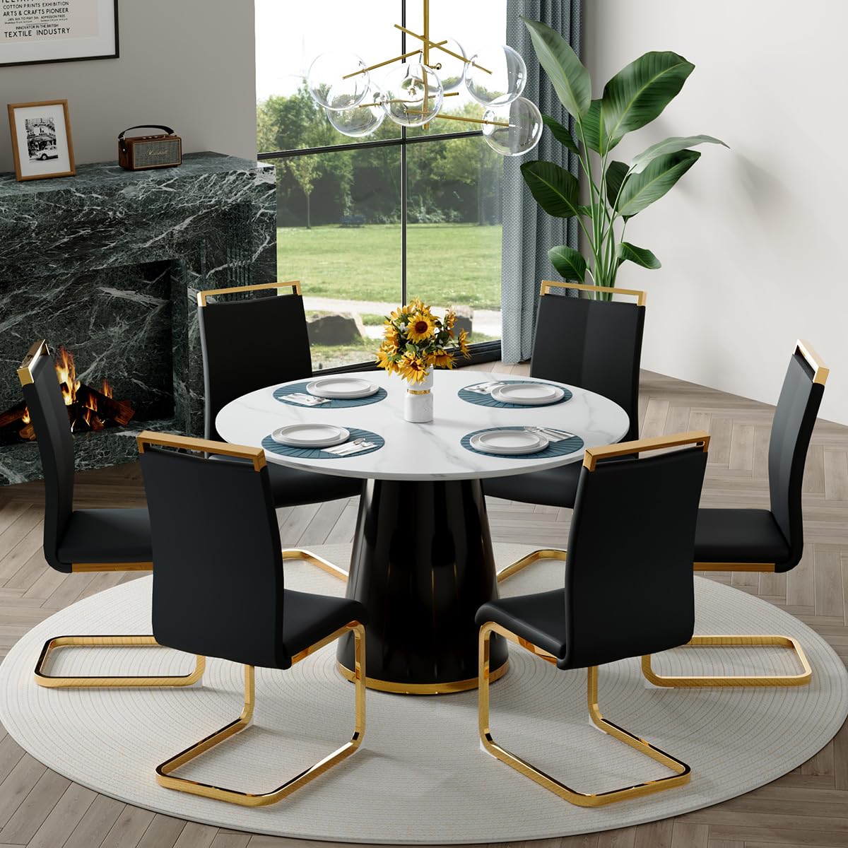 Round Dining Table Set for 6, 45''Round Wooden Dining Set