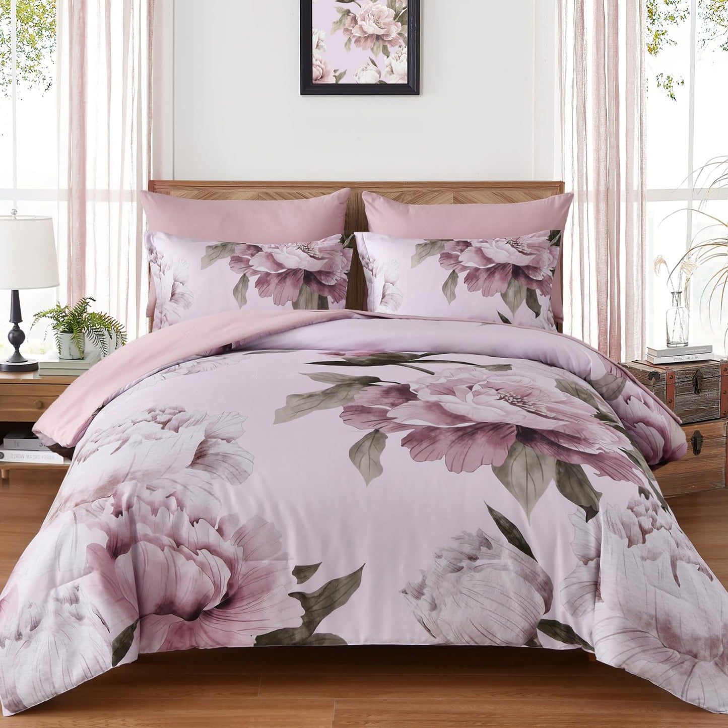 Black Queen Comforter Set 7 Piece Bed in a Bag, Pink Floral Printed