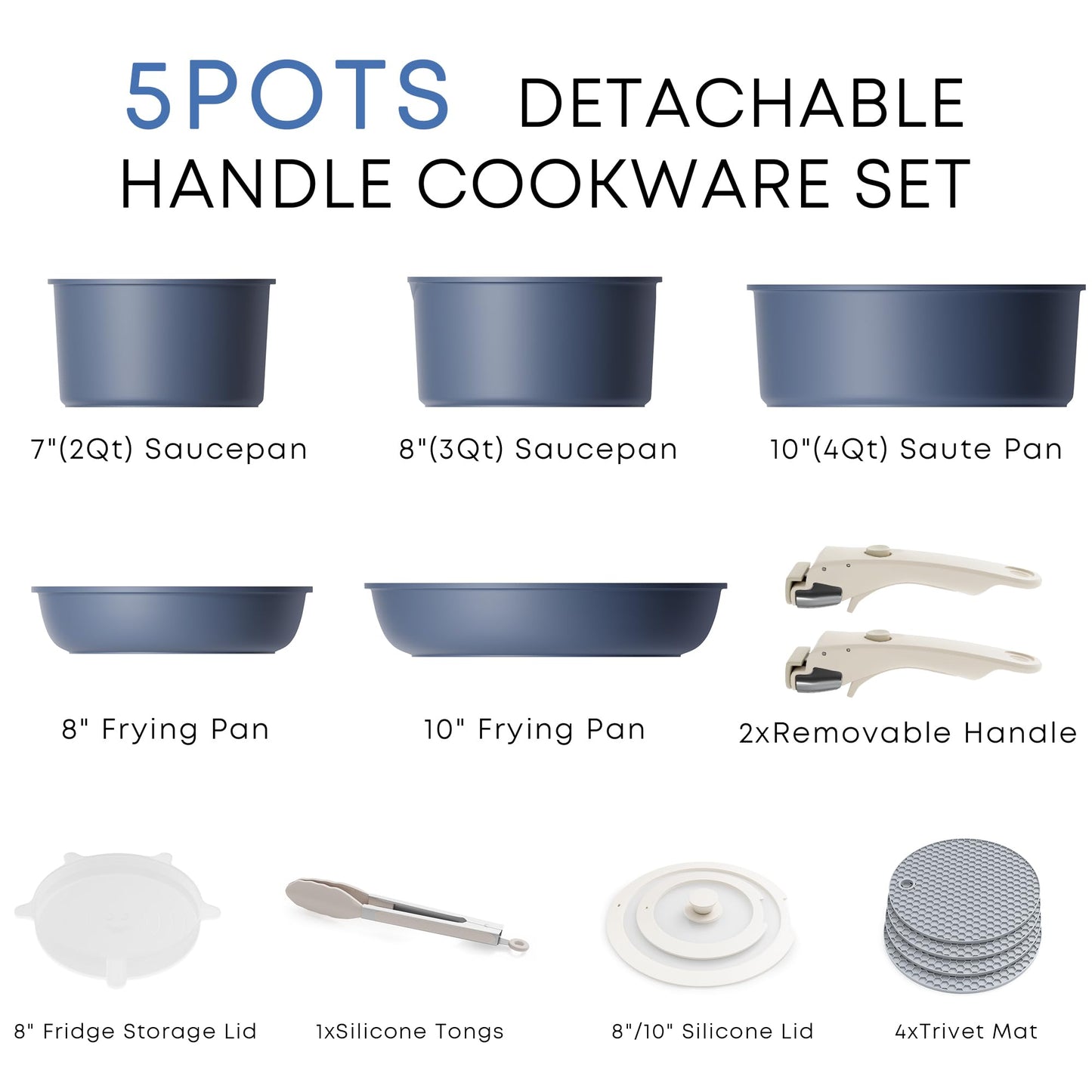 Pots and Pans Set Nonstick, Detachable Handle Cookware Sets, Stackable