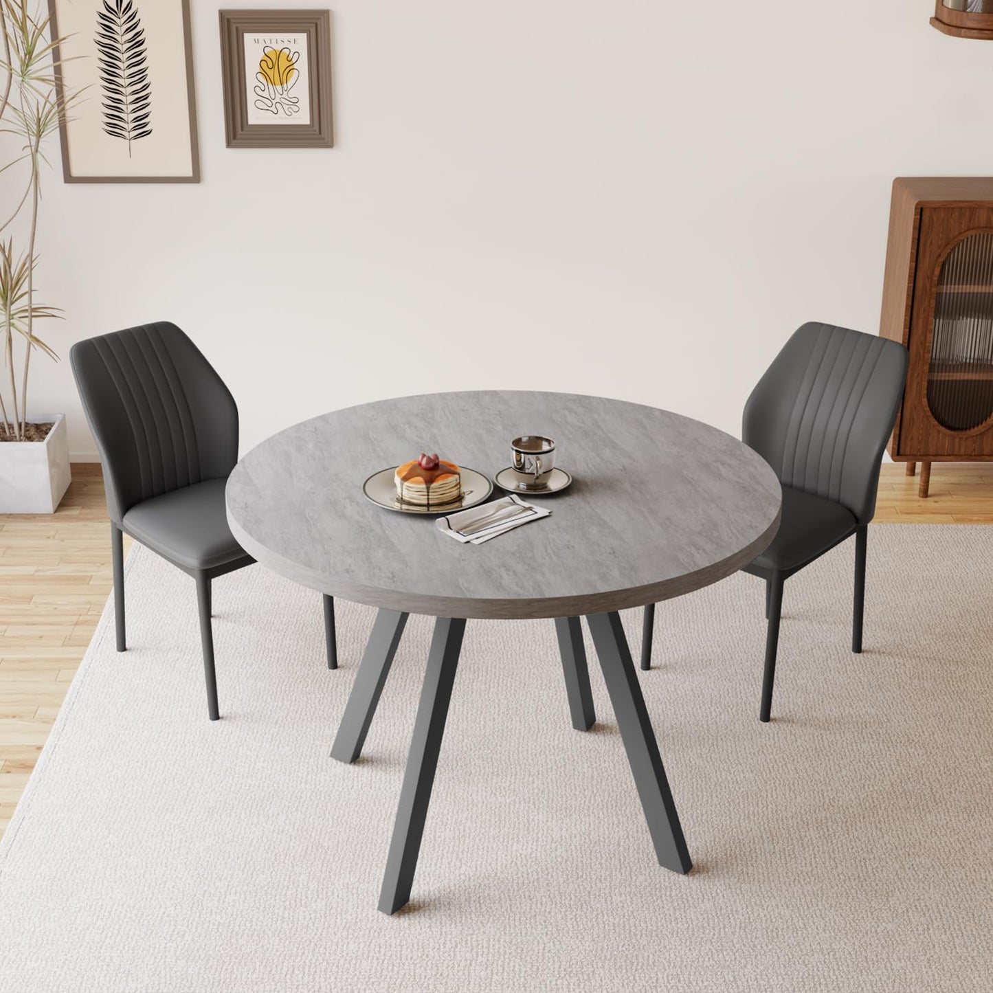 Round Dining Table Set for 4,  (Dining Table + 4 Black Chairs)