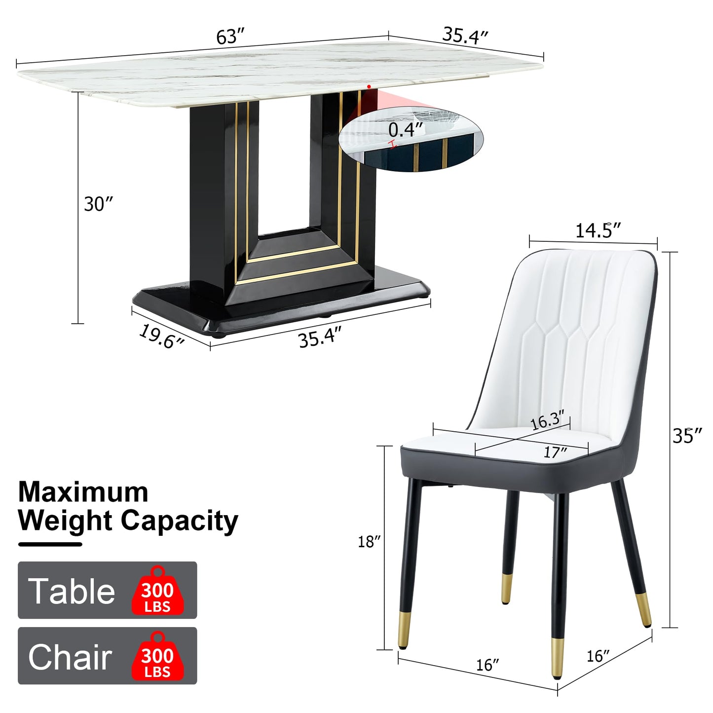 Dining Table Set for 6, White Faux Marble Pattern Table with 6 Modern Dining Chairs