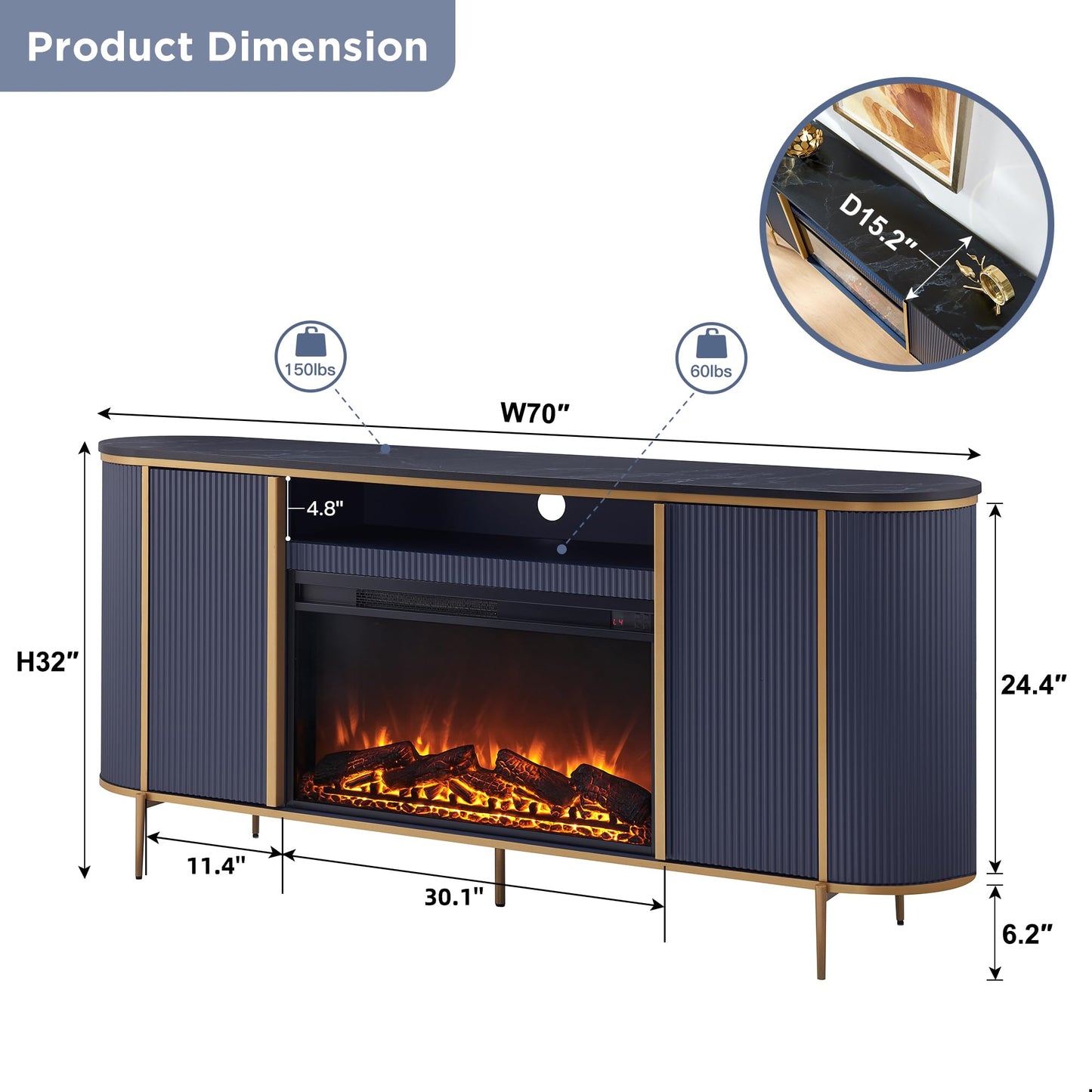 Luxury 70" Fluted Fireplace TV Stand, Modern Chic  for TVs Up to 80 inches