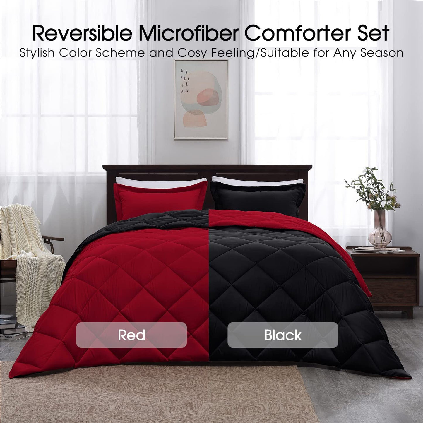 Red and Black Comforter Set Queen Size, Reversible and 2 Pillow Shams