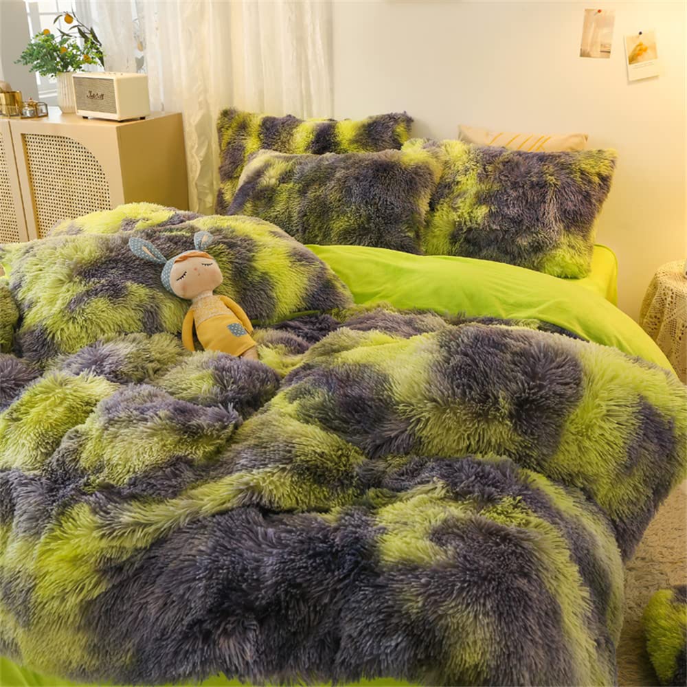 Faux Fur Tie-dyed Green Gray Black Colorful Comforter Sets Queen - 3PC Bed Set