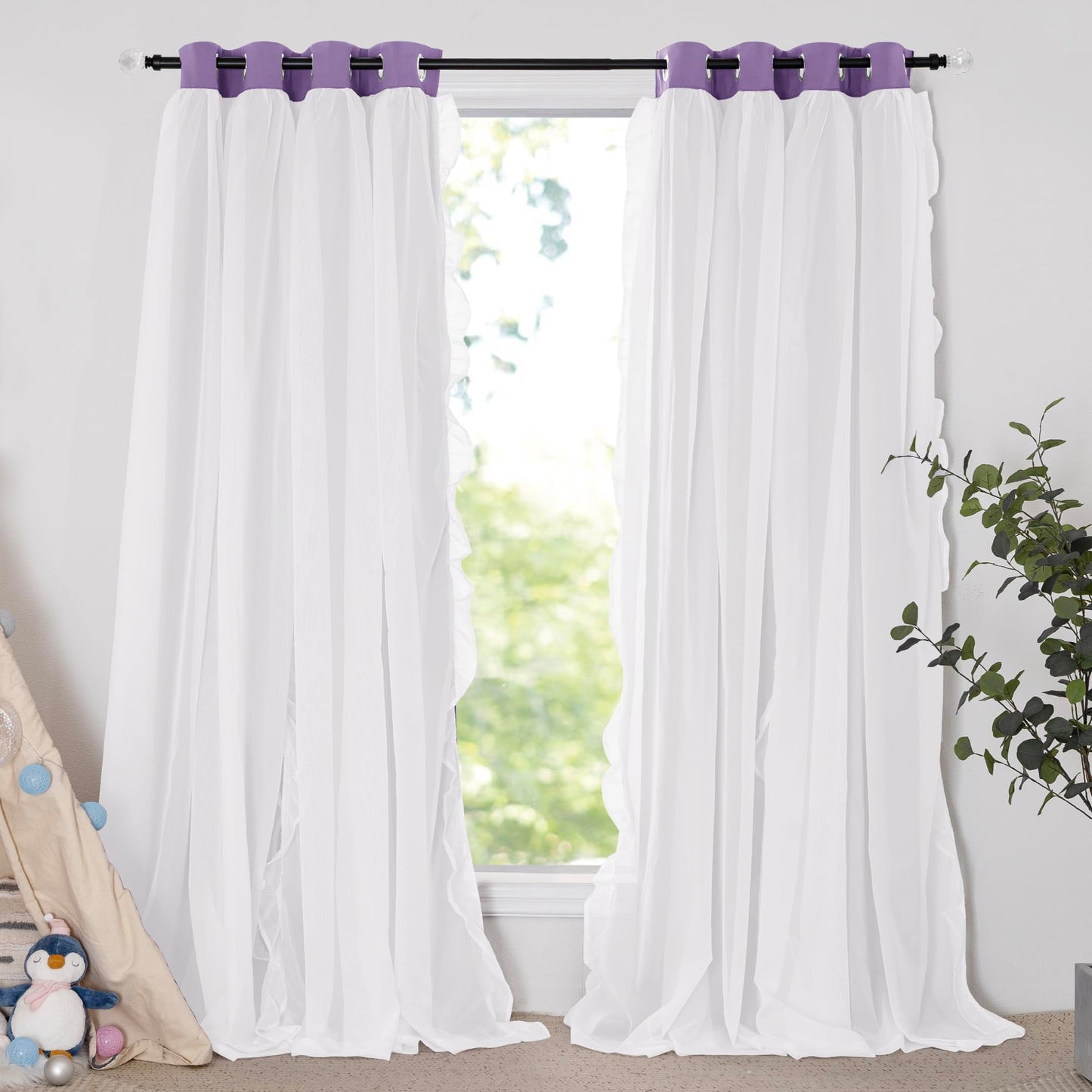 Blackout Window Treatment Double Layer Drapes Ruffle Sheer Overlay 2 Panels