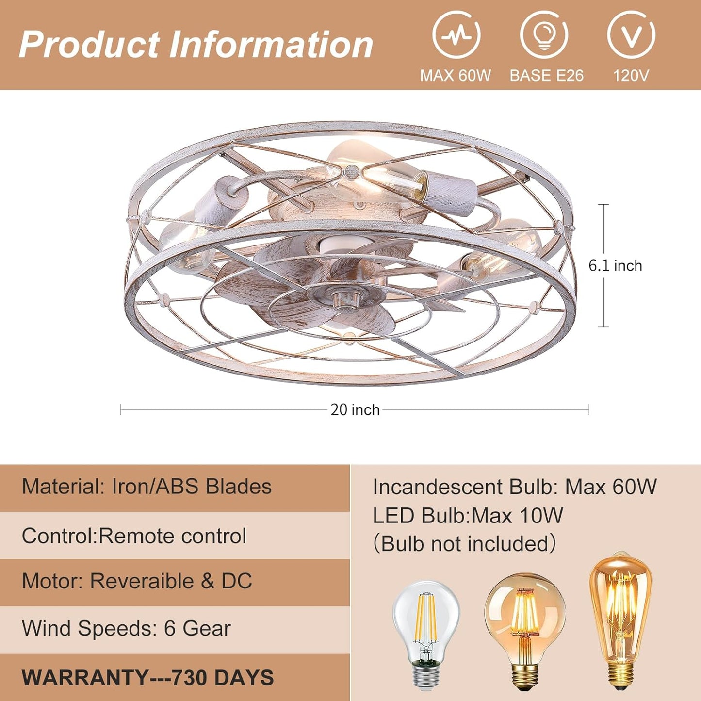 Caged Ceiling Fans with Lights and Remote, 20 Inch Flush Mount Fan