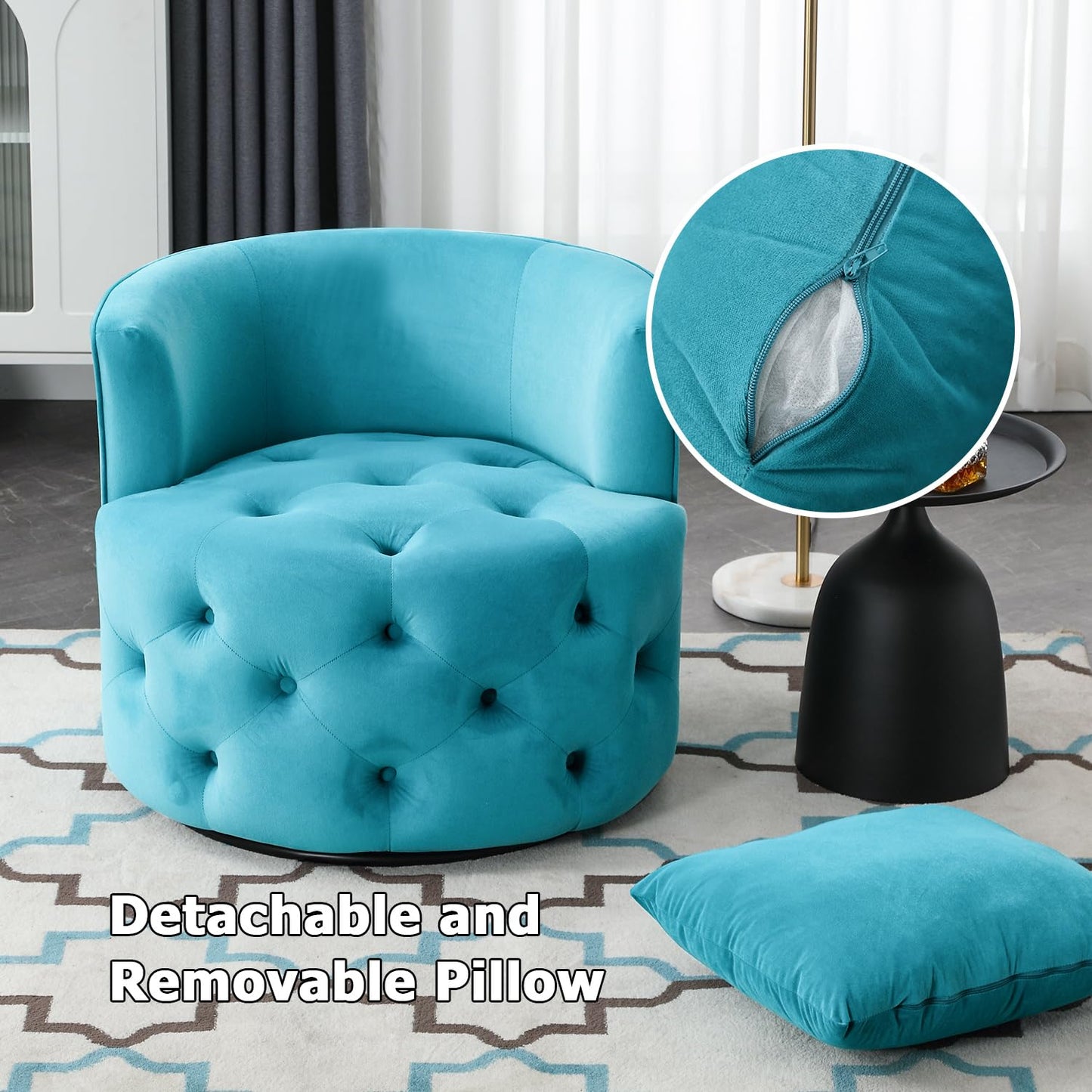 Swivel Barrel Chair with Velvet Fabric with Plump Pillow