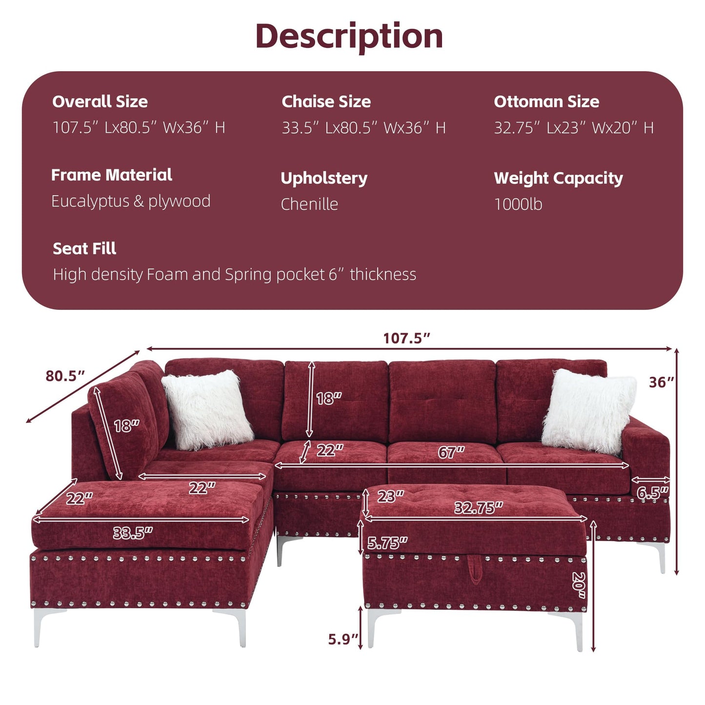 L-Shape Sectional 3-Seater Sofa with Extra Wide Reversible Chaise