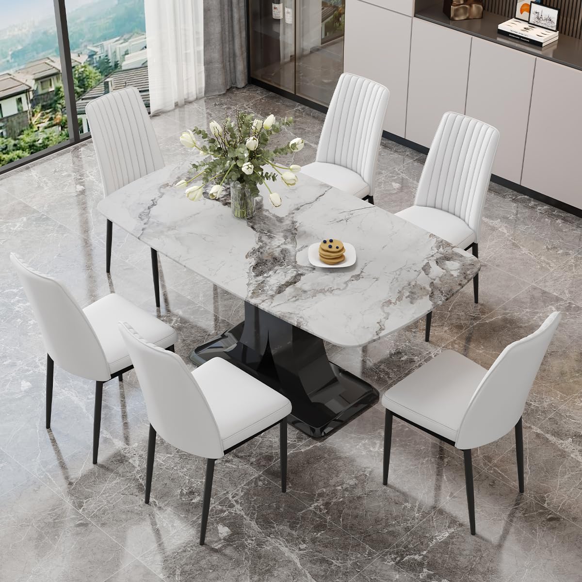 Dining Table Set for 6, White Faux Marble Pattern Table with 6 Modern Dining Chairs