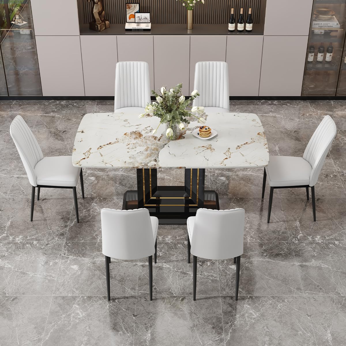 Dining Table Set for 6, White Faux Marble Pattern Table with 6 Modern Dining Chairs