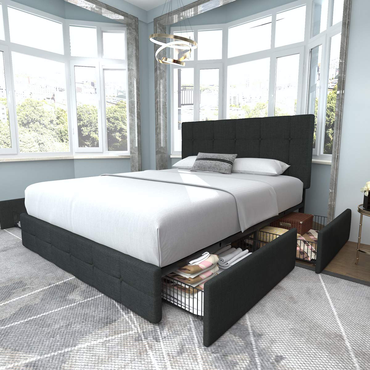 Upholstered Platform Bed Frame with 4 Storage Drawers and Headboard