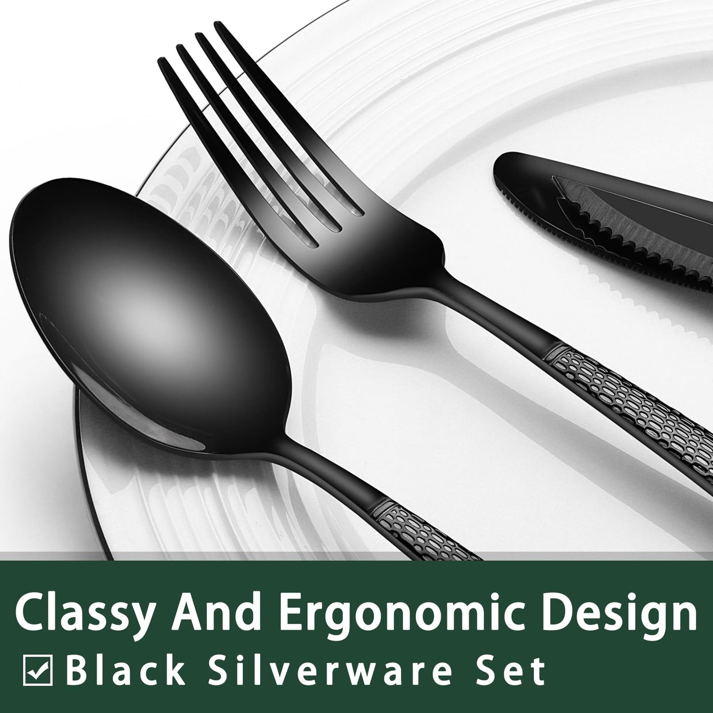 24-Piece Black Silverware Set with Steak Knives, Black Flatware Set for 4