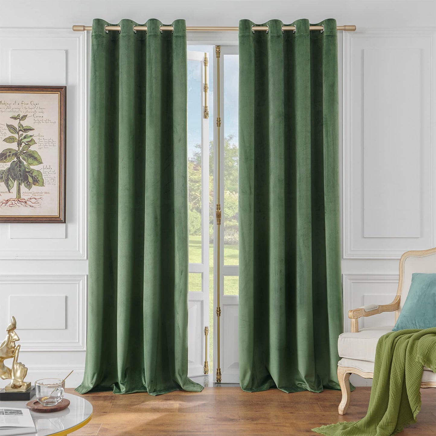 Green Velvet Blackout 90 Inch Curtains, Sage Green, 2 Panels