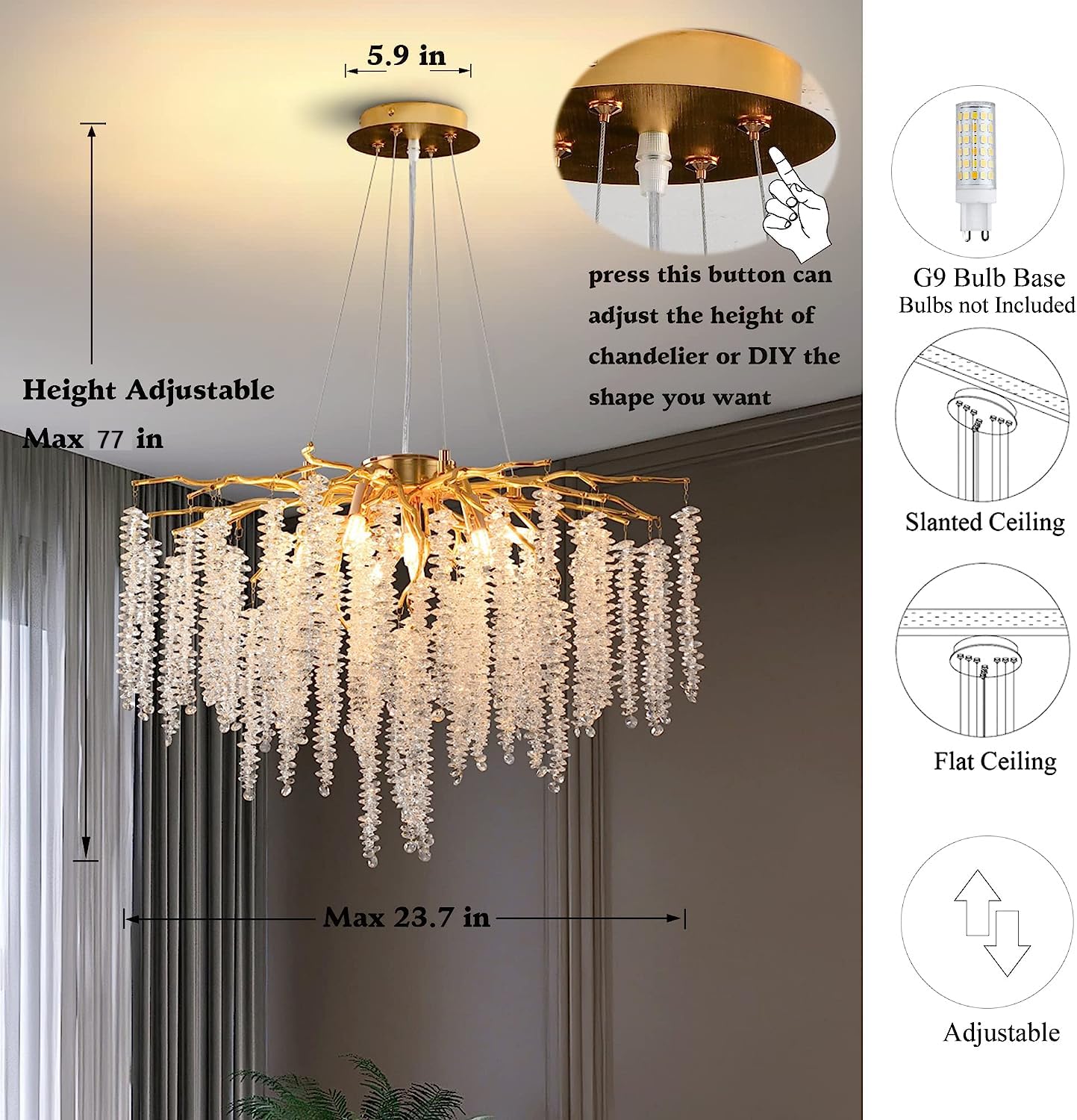 Modern Crystal Tree Branches Chandelier Gold Round Raindrop