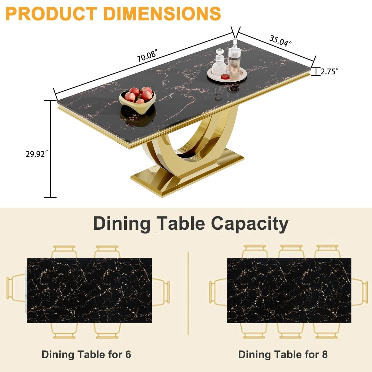 70 Inch White Marble Kitchen Table with Gold Mirrored Cabriole Legs