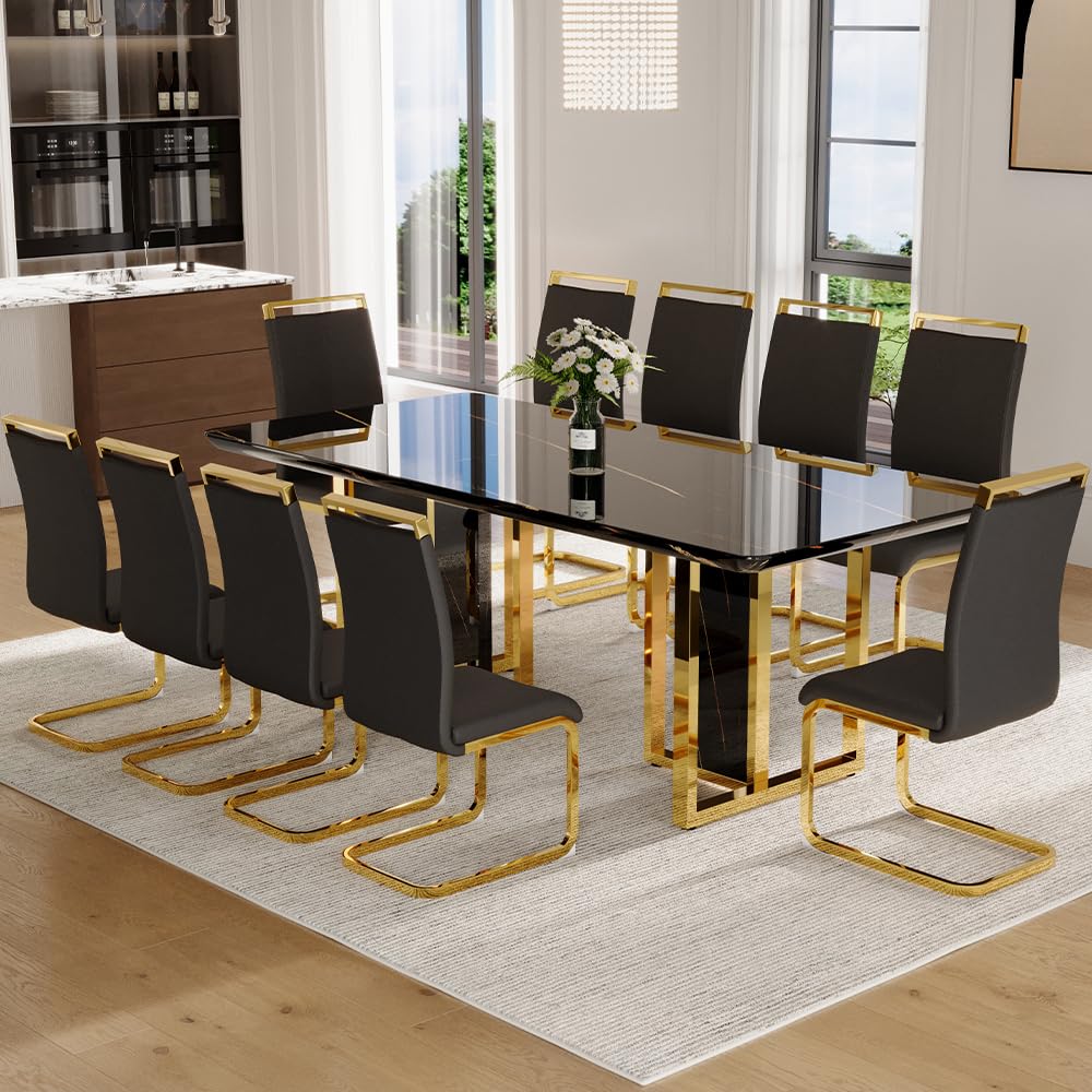 79" Black Modern Dining Table Set for 8,Black Golden Chairs