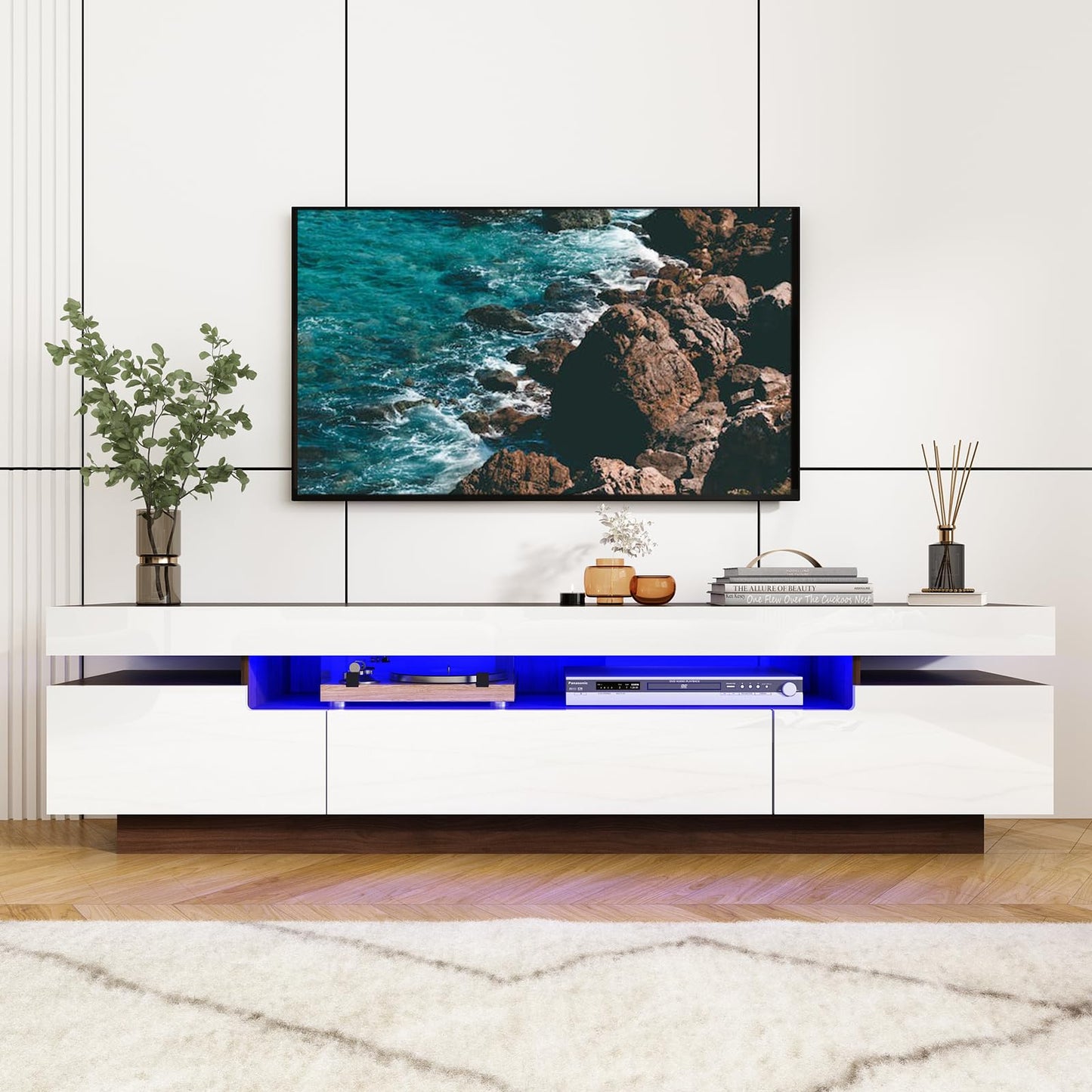 70IN White TV Stand for 75/80 inch TV,Modern LED TV Stand for Living Room