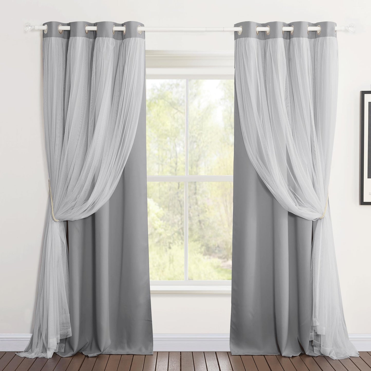 Double-Layered Curtains with Tie-Backs Sheer Drapes Light Blocking, 2 Pcs