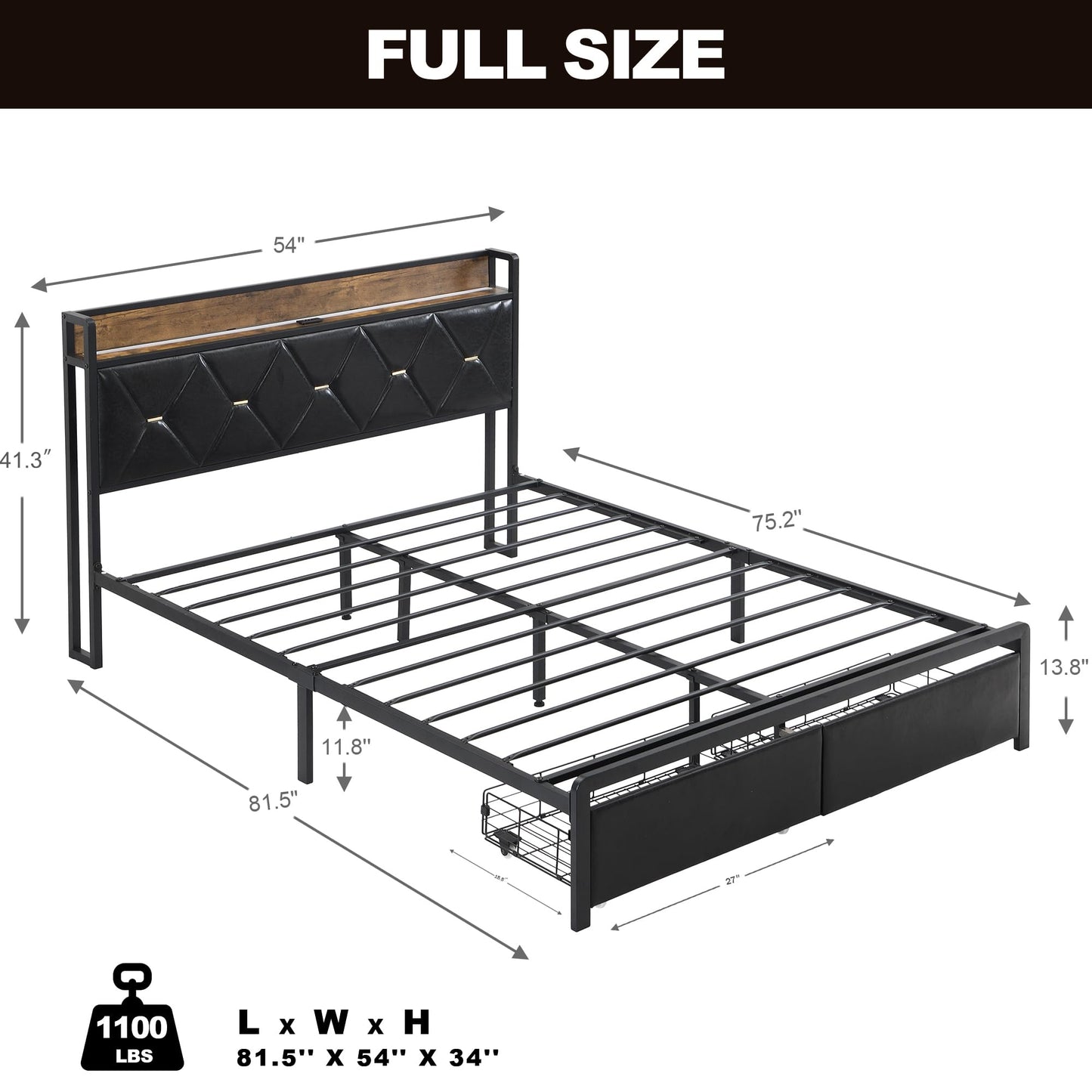 Led King Platform Bed Frame with Faux Leather Storage Headboard