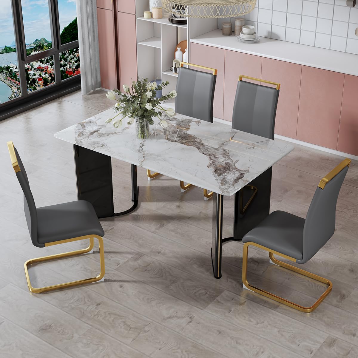 Dining Table Set for 6, White Faux Marble Pattern Table with 6 Modern Dining Chairs