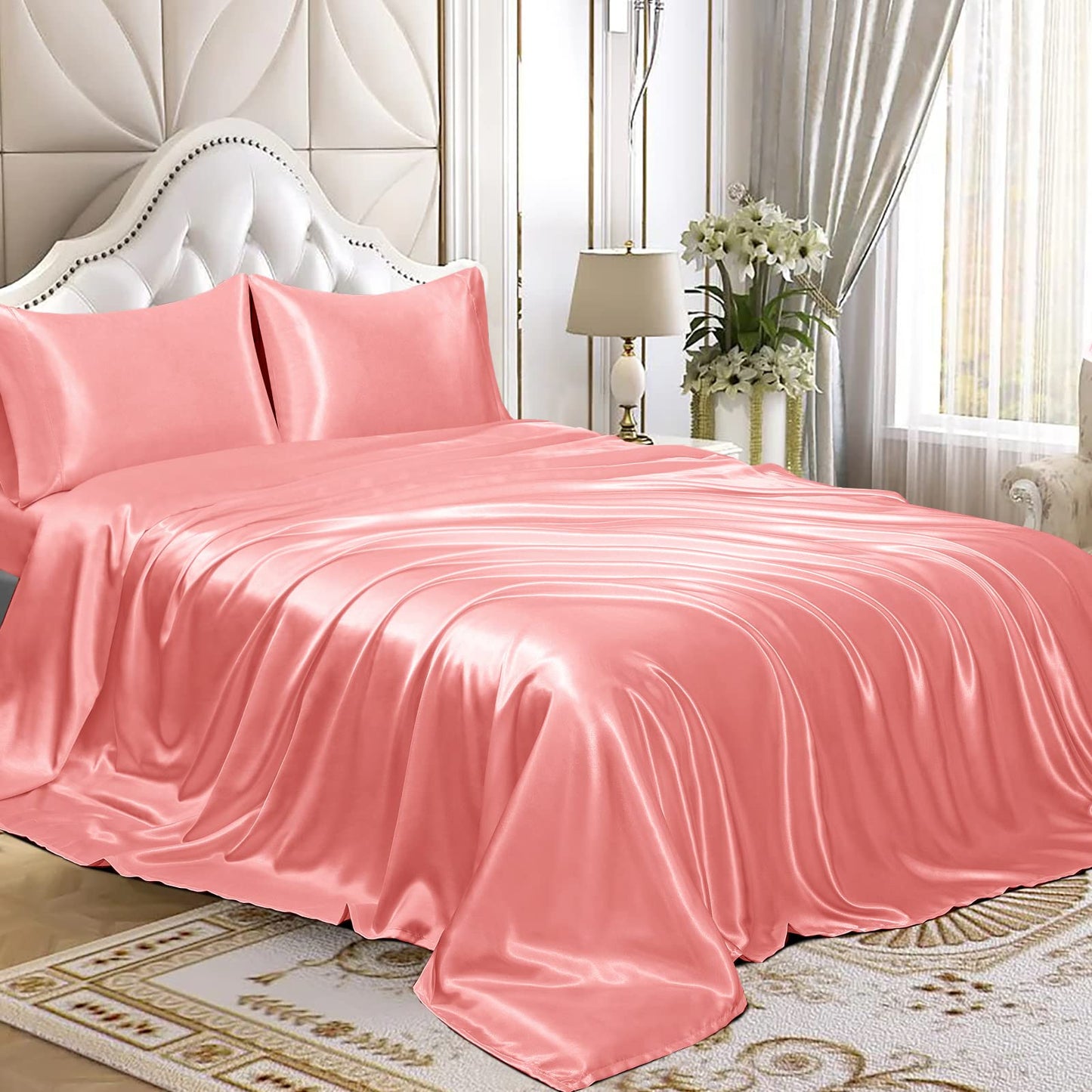 4pcs Satin Sheets Set Luxury Silky Satin Bedding Set with Deep Pocket