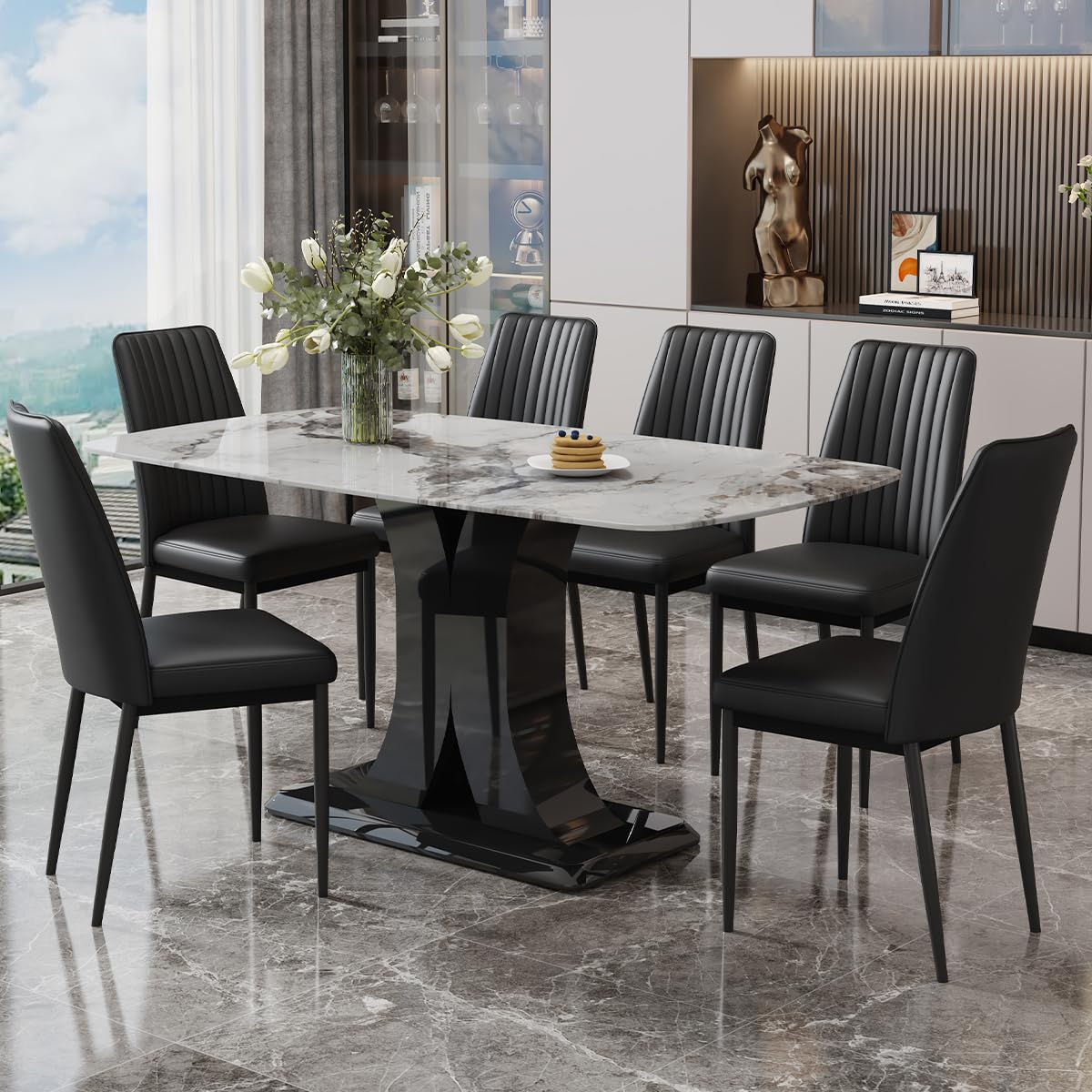 Dining Table Set for 6, White Faux Marble Pattern Table with 6 Modern Dining Chairs