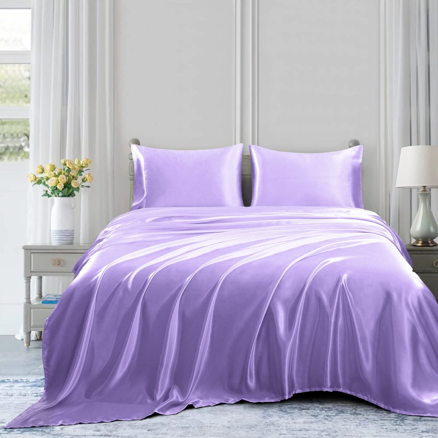 4pcs Satin Sheets Set Luxury Silky Satin Bedding Set with Deep Pocket