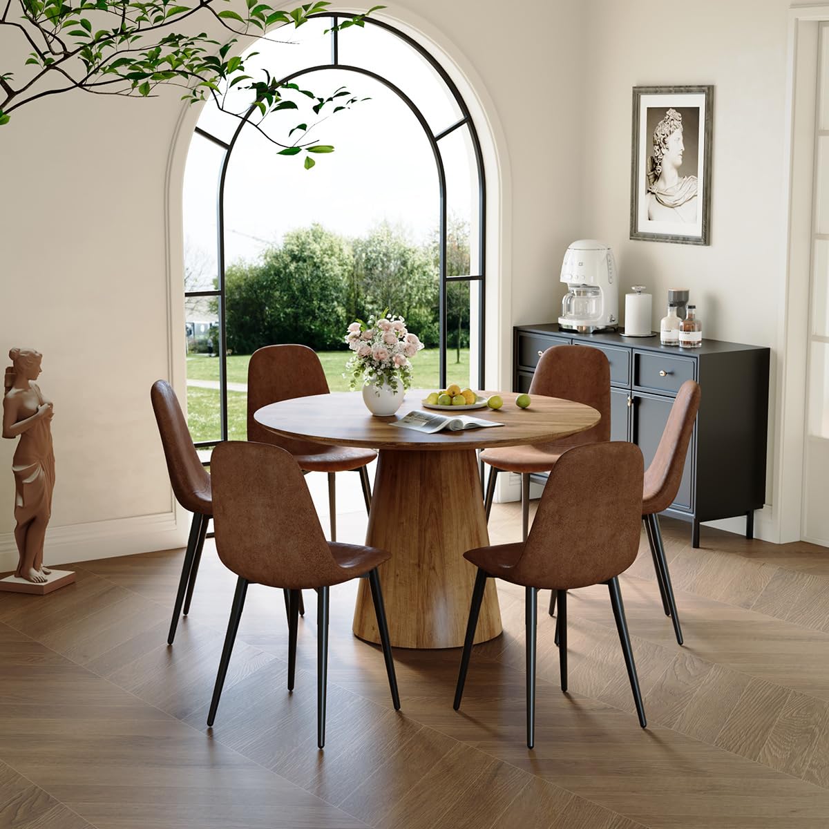 Round Dining Table Set for 6, 45''Round Wooden Dining Set