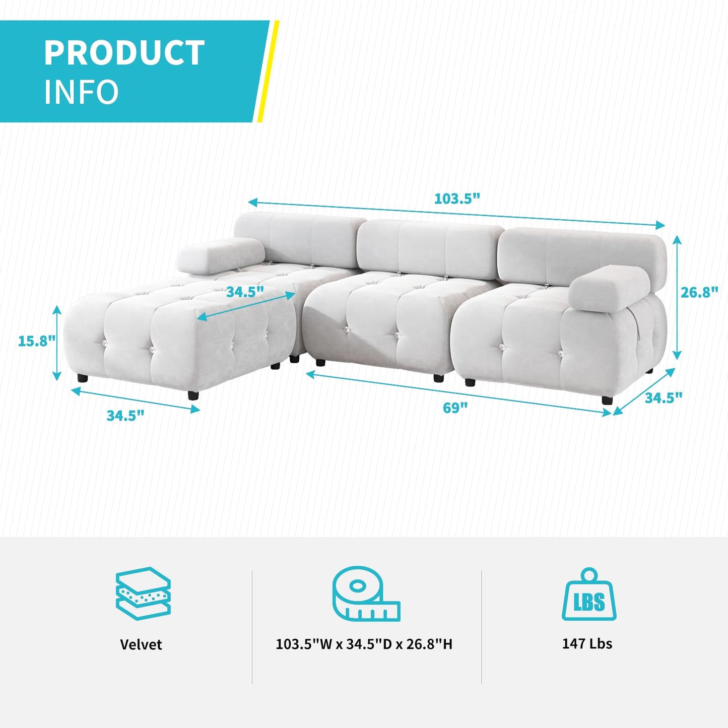 103" W Convertible Modular Sectional Sofa, Luxury Modern 4-Seater Bubble Sofa