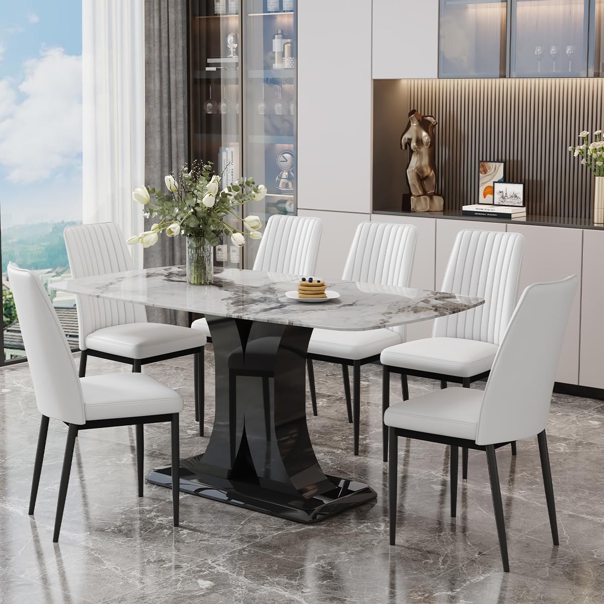 Dining Table Set for 6, White Faux Marble Pattern Table with 6 Modern Dining Chairs