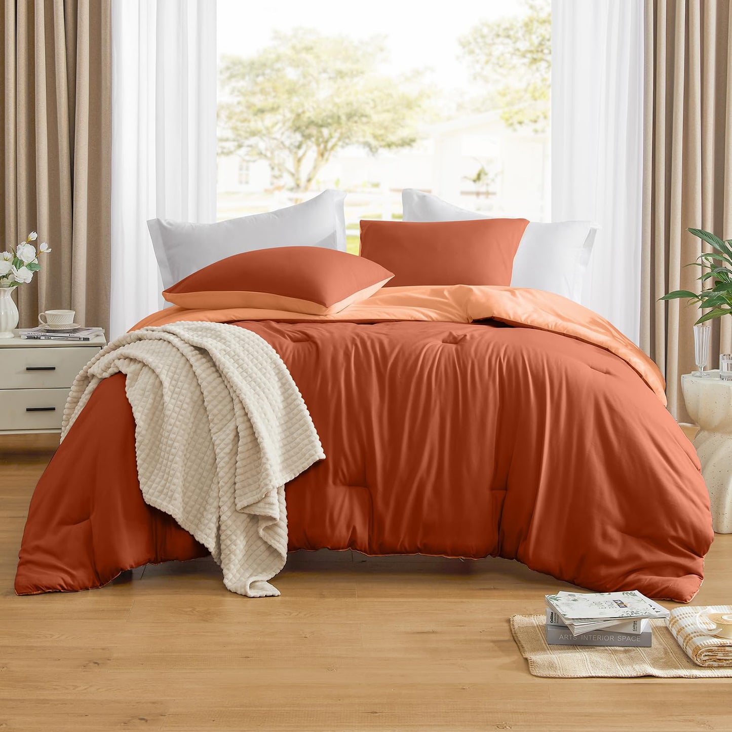 Lightweight Beige Comforter Set Queen Size, Fluffy Comforters