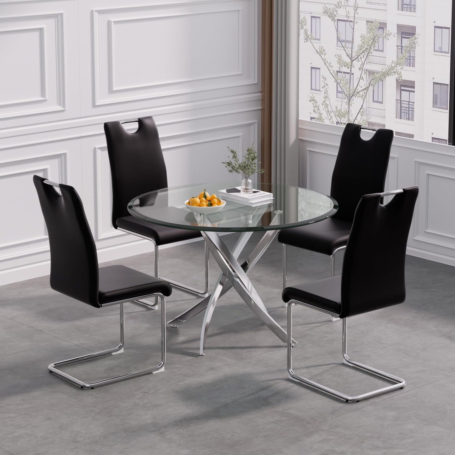 5 Piece Round Glass Dining Table Table Set, Round Glass with 4 PU Dining Chairs