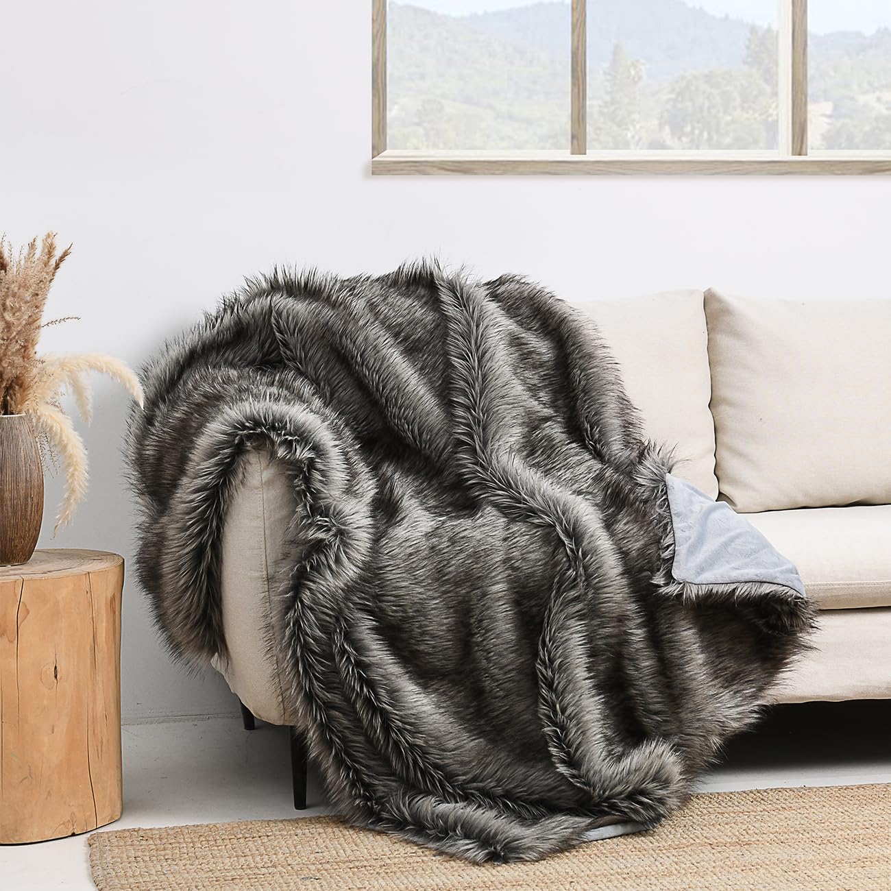 Luxury Plush Faux Fur Blanket King Size, Long Pile Brown with Black