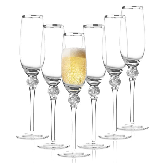 Crystal Champagne Glasses with Silver Rim & Dazzling Rhinestone Design