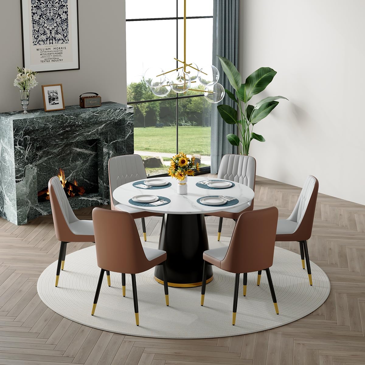 Round Dining Table Set for 6, 45''Round Wooden Dining Set