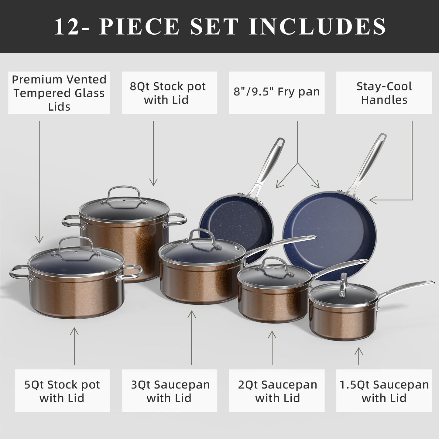 Ceramic Nonstick Cookware Set, Diamond Infused Scratch-Resistant