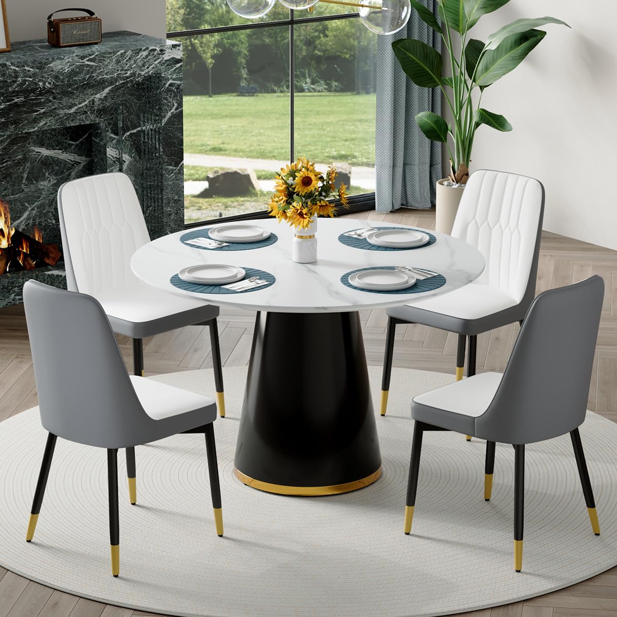 Round Dining Table Set for 6, 45''Round Wooden Dining Set