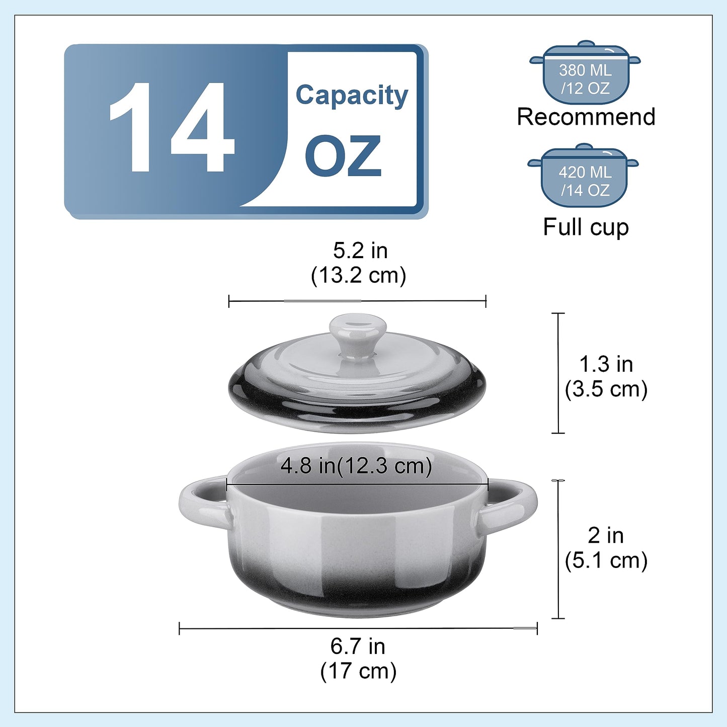 Mini Cocotte Set,14 OZ Small Casserole Dishes with Lids, Soup Bowls With Handles