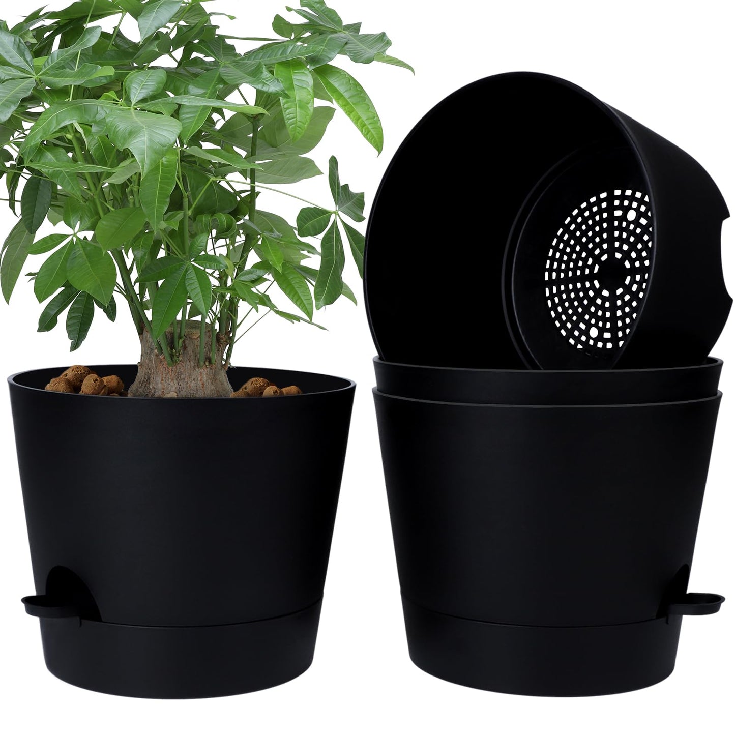 Indoor Self Watering Planters with Drainage Holes and Saucers, Black, 6 Pots