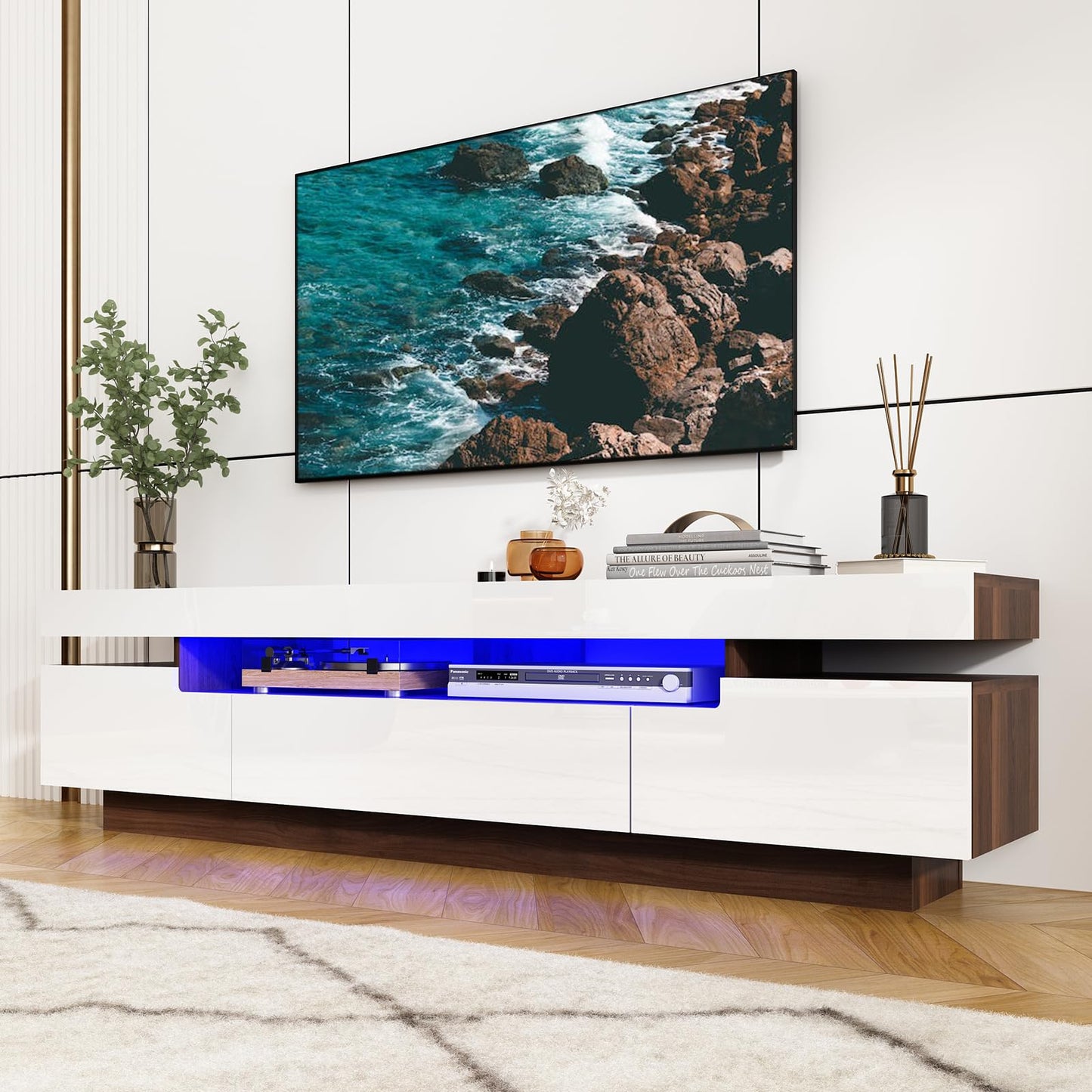 70IN White TV Stand for 75/80 inch TV,Modern LED TV Stand for Living Room